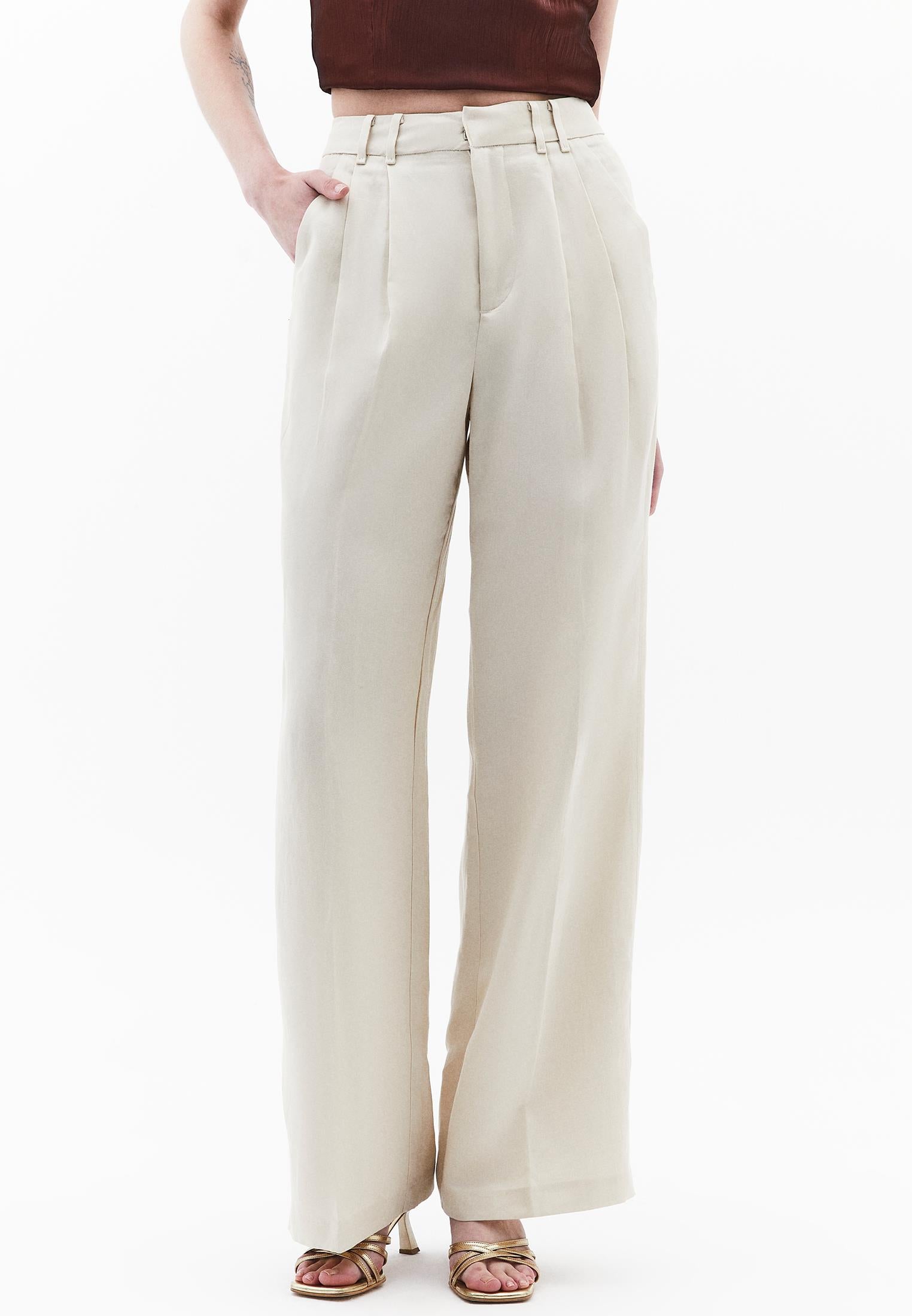 High Waist Wide Leg Pants - ALMOND MILK