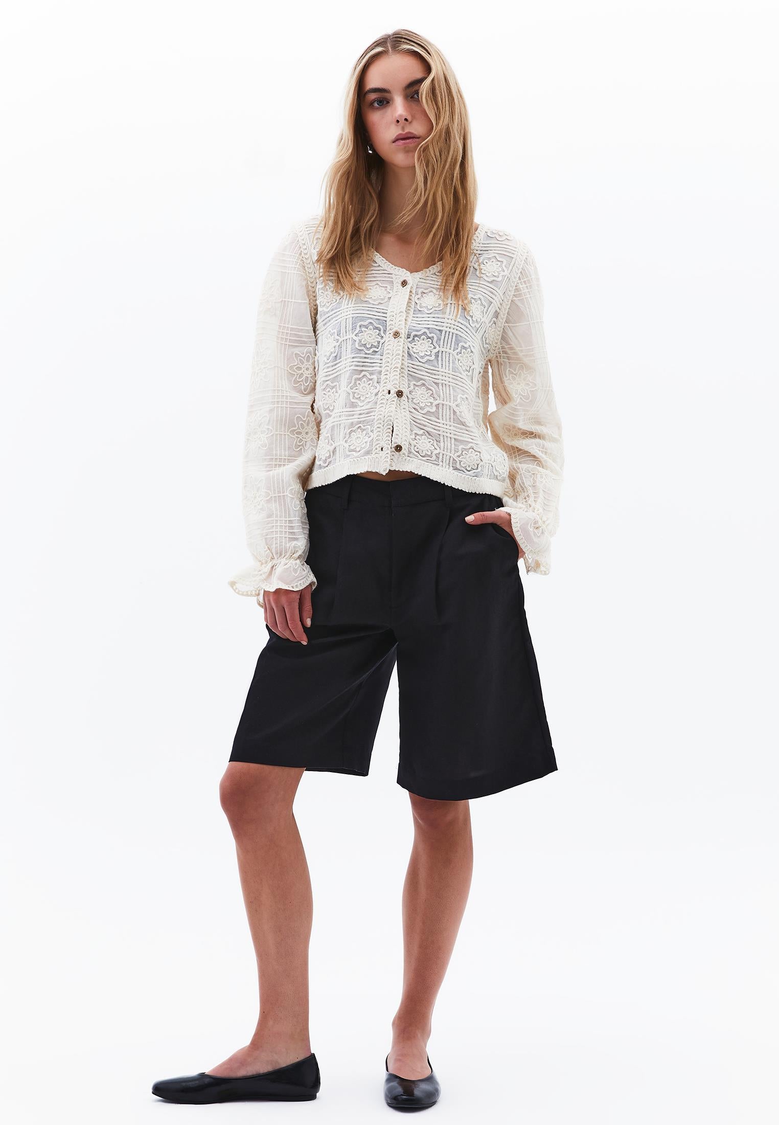 V Neck Embroidered Blouse - ALMOND MILK