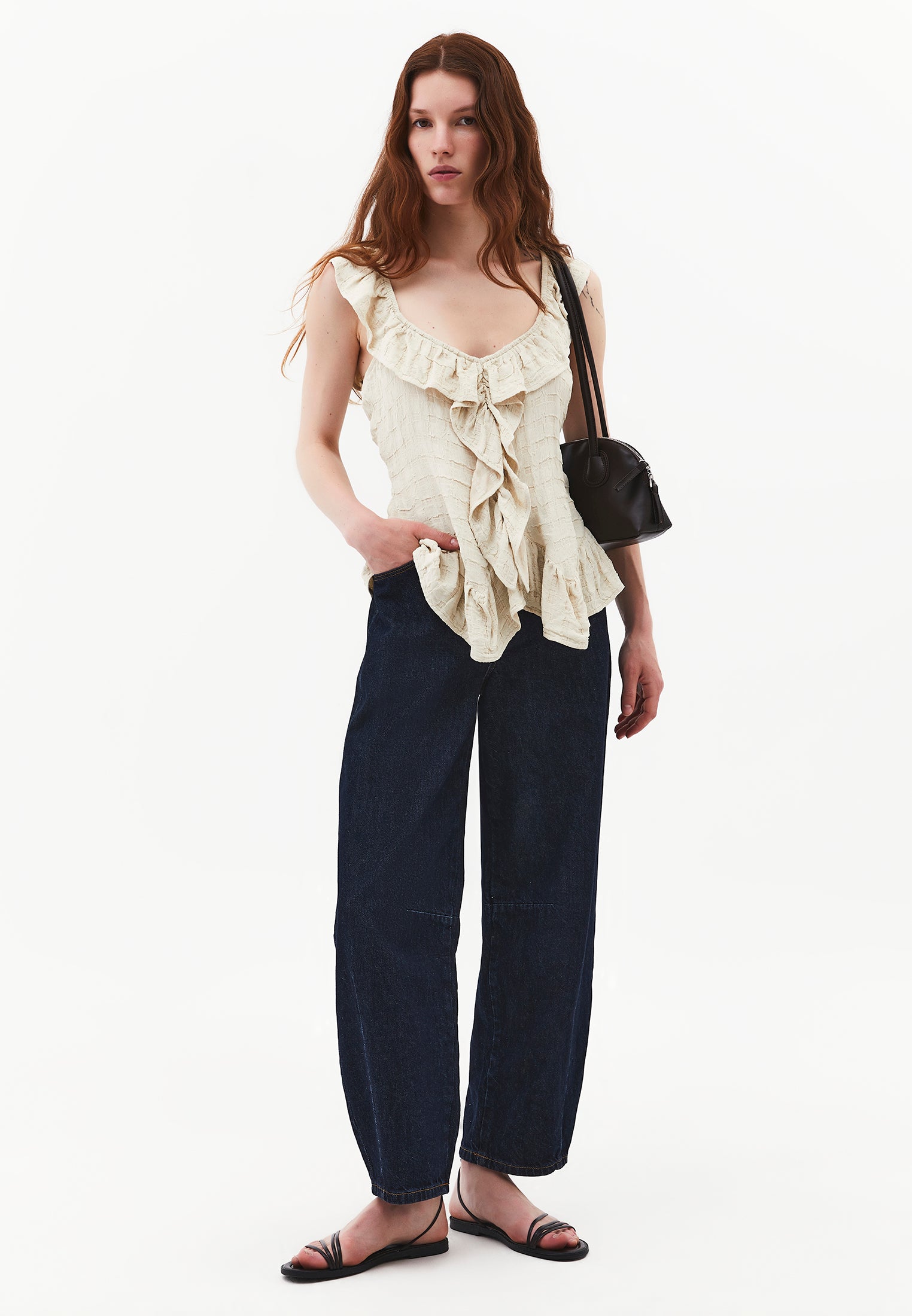 Sleeveless Blouse With Ruffle Details And V-Neck - ALMOND MILK