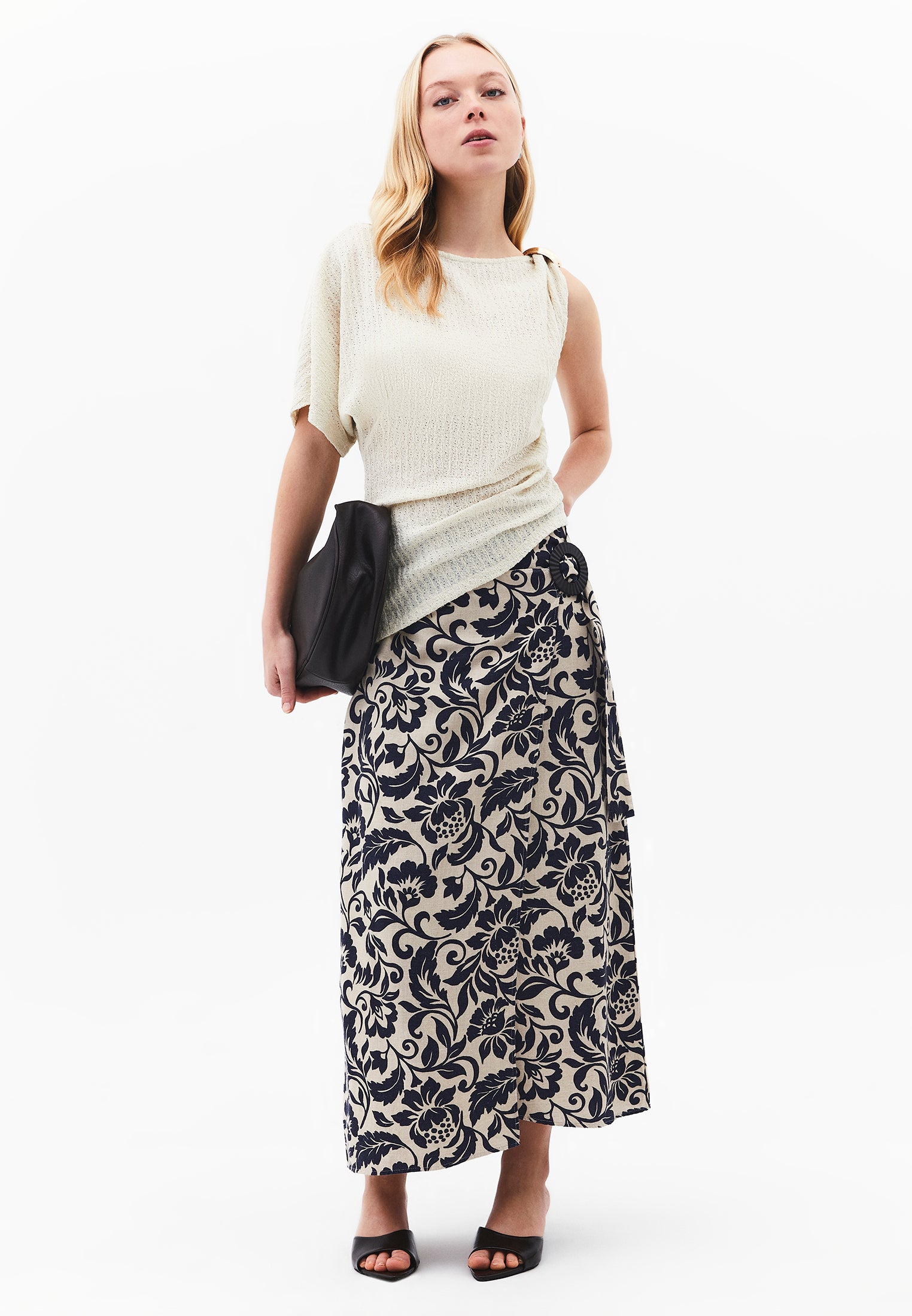 Asymmetric Boat Neck Blouse - ALMOND MILK