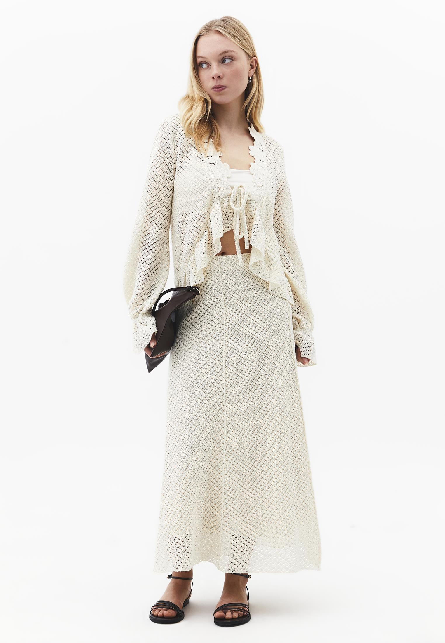 V Neck Openwork Standard Cardigan - ALMOND MILK