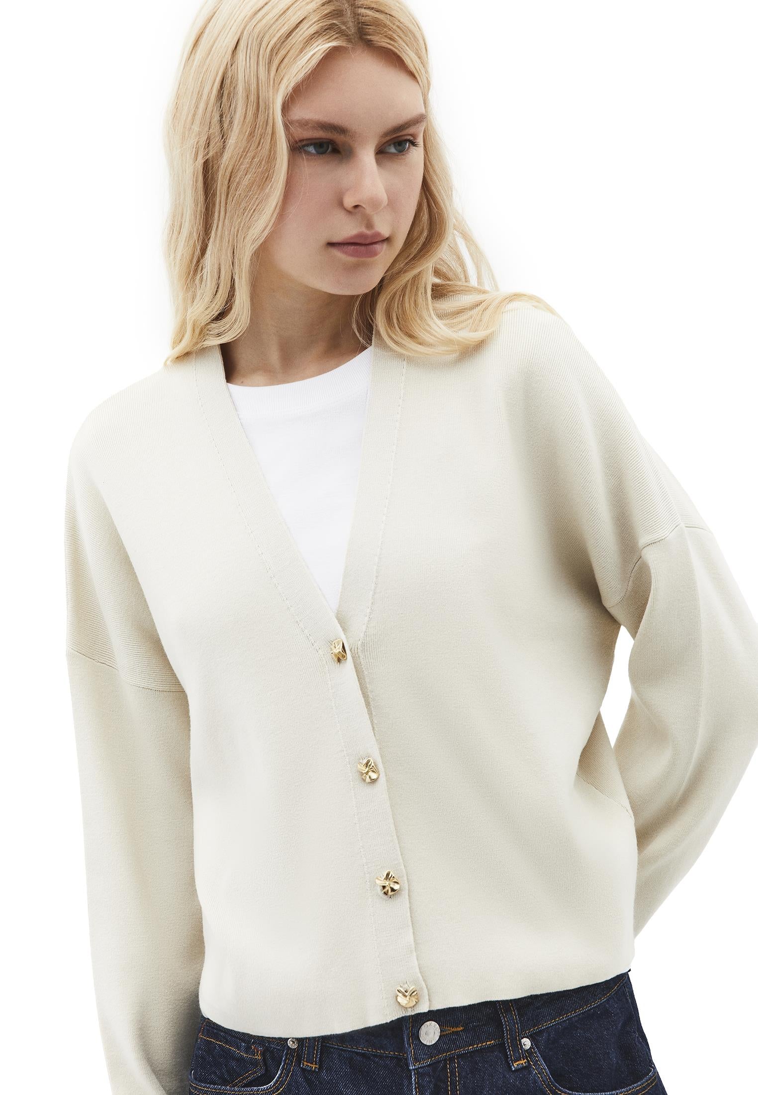 V Neck Loose Knit Cardigan - ALMOND MILK