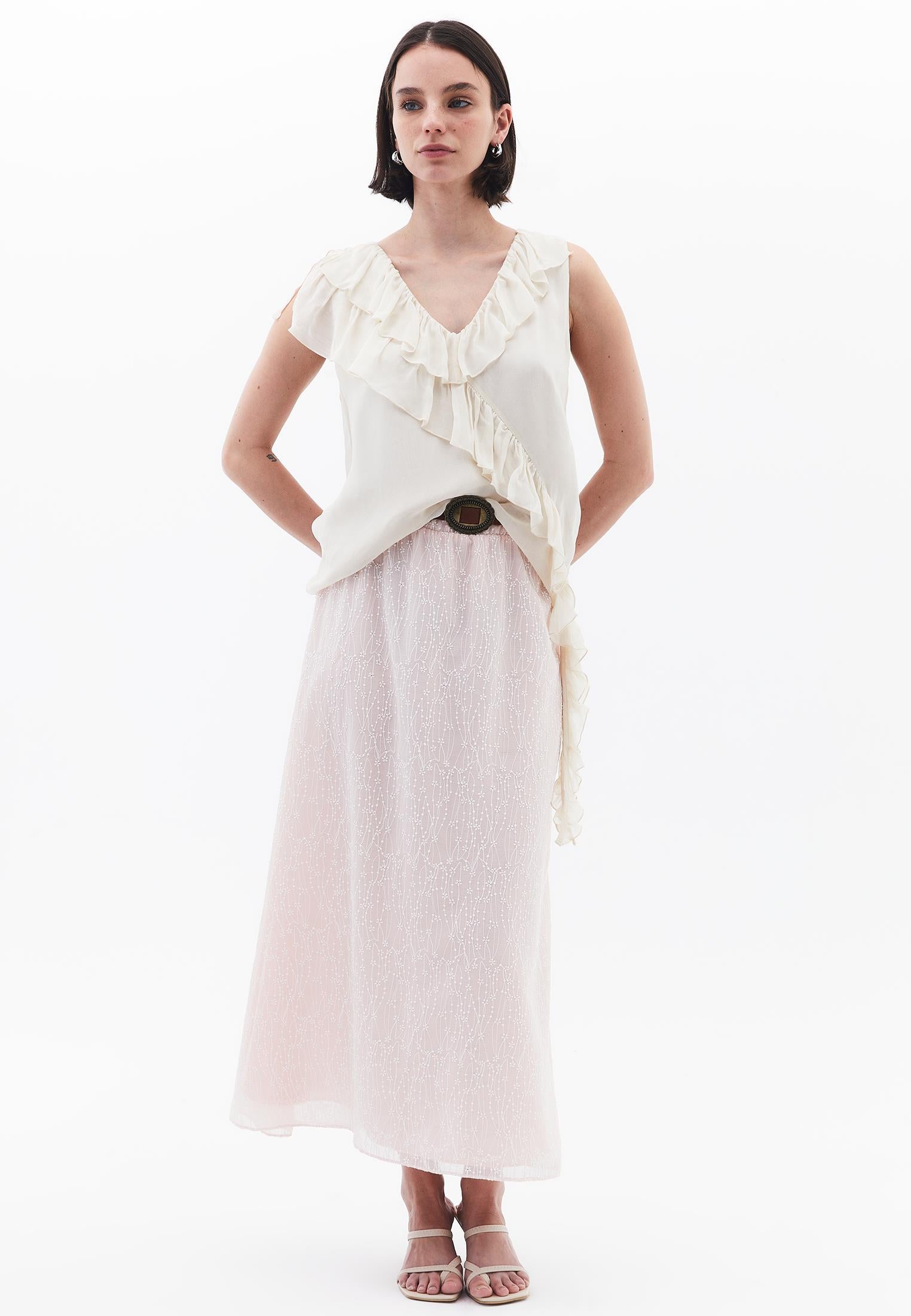 Ruffled Blouse With Embroidery Details - ALMOND MILK