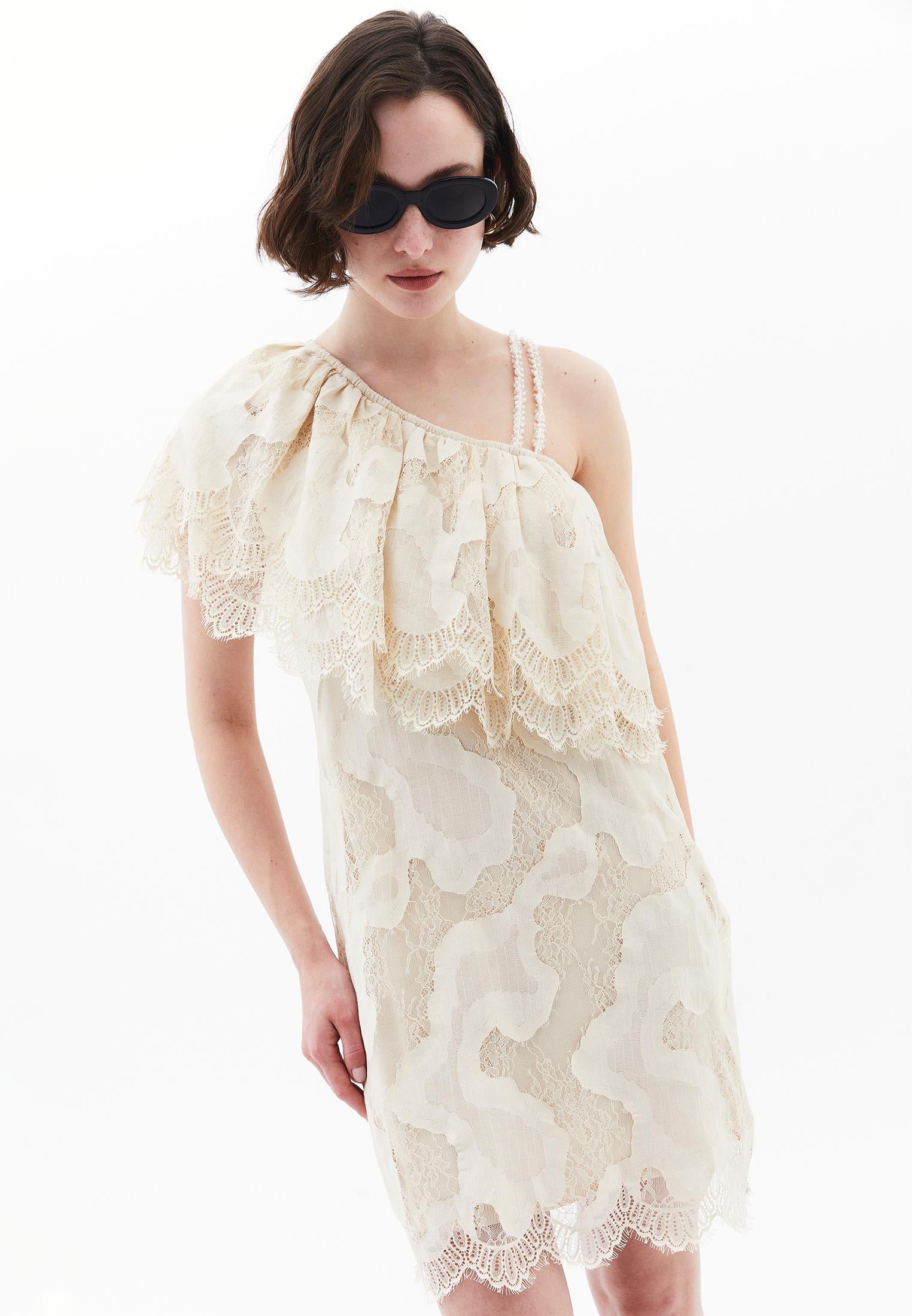 One Shoulder Ruffled Detail Short Dress - ALMOND MILK