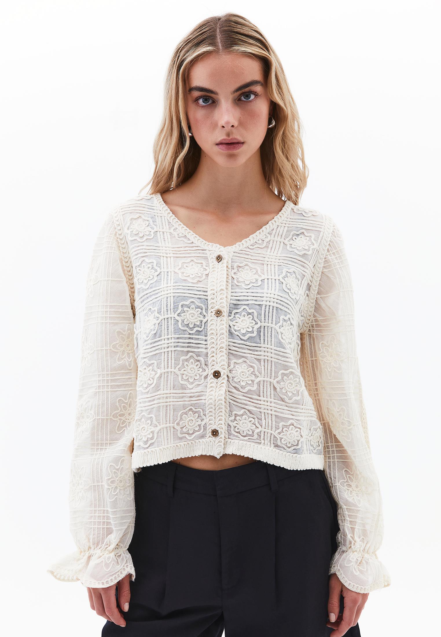 V Neck Embroidered Blouse - ALMOND MILK