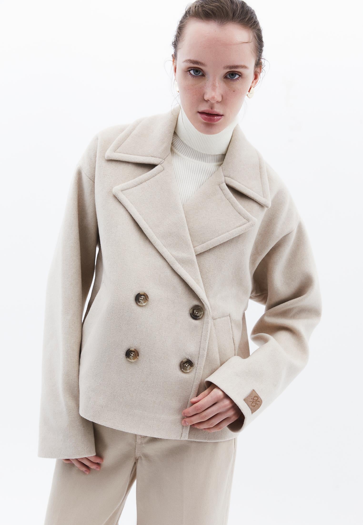 Double-Breasted Collar Oversize Standard Jacket - ALMOND MILK