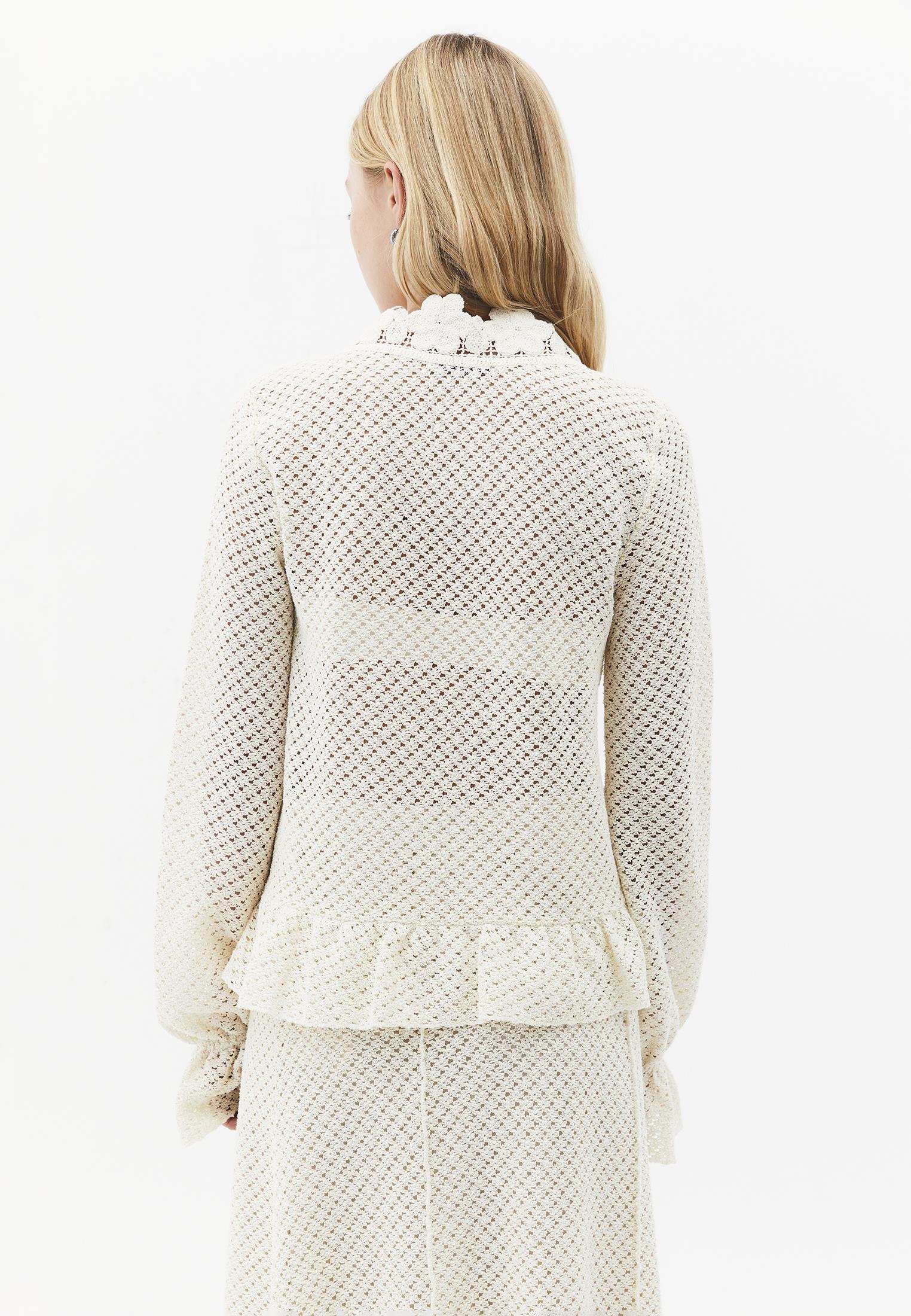 V Neck Openwork Standard Cardigan - ALMOND MILK