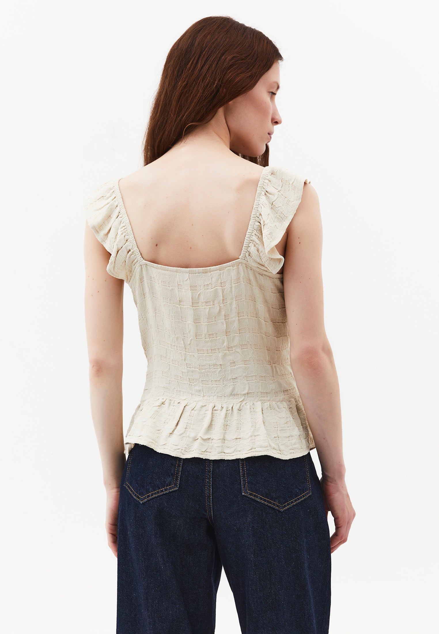 Sleeveless Blouse With Ruffle Details And V-Neck - ALMOND MILK