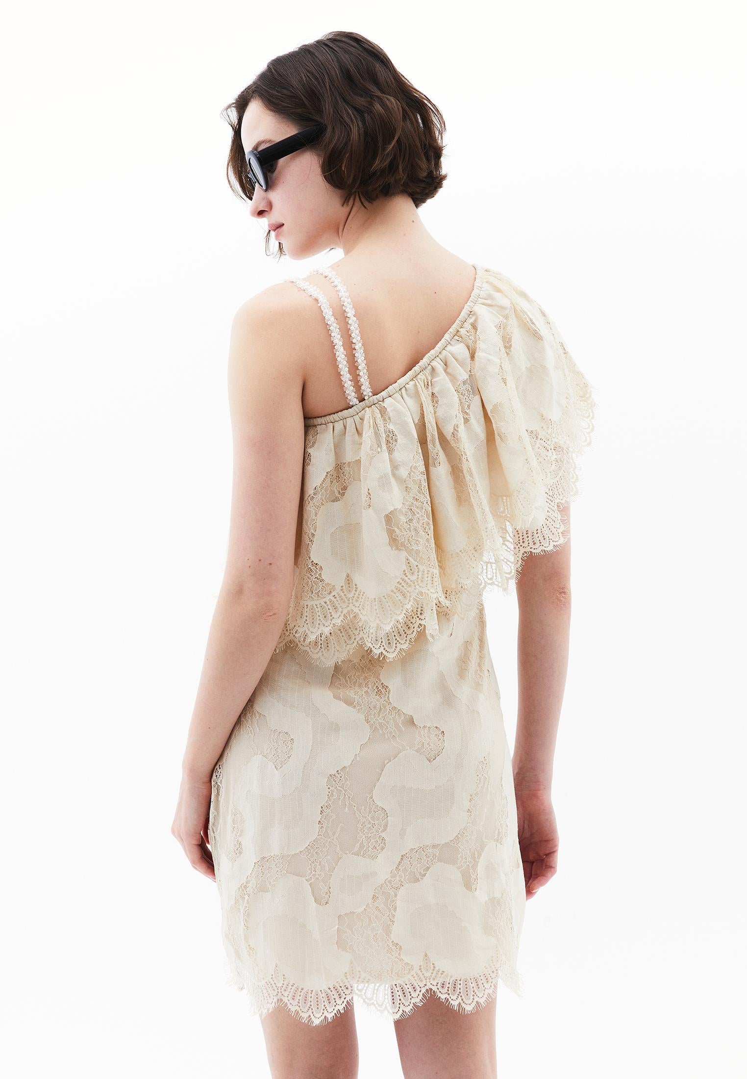 One Shoulder Ruffled Detail Short Dress - ALMOND MILK