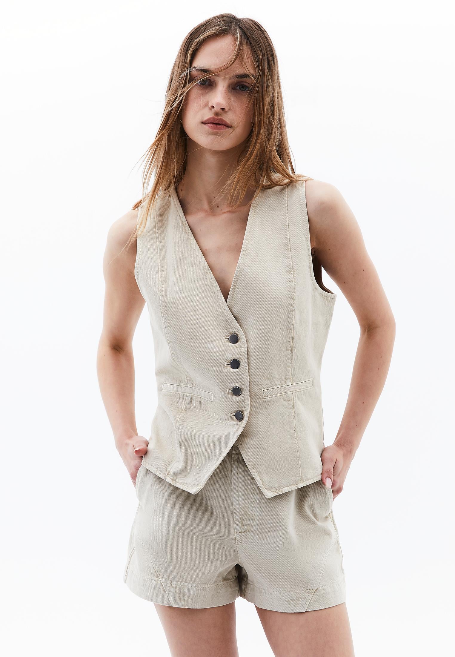 V Neck Sleeveless Vest - ALMOND MILK