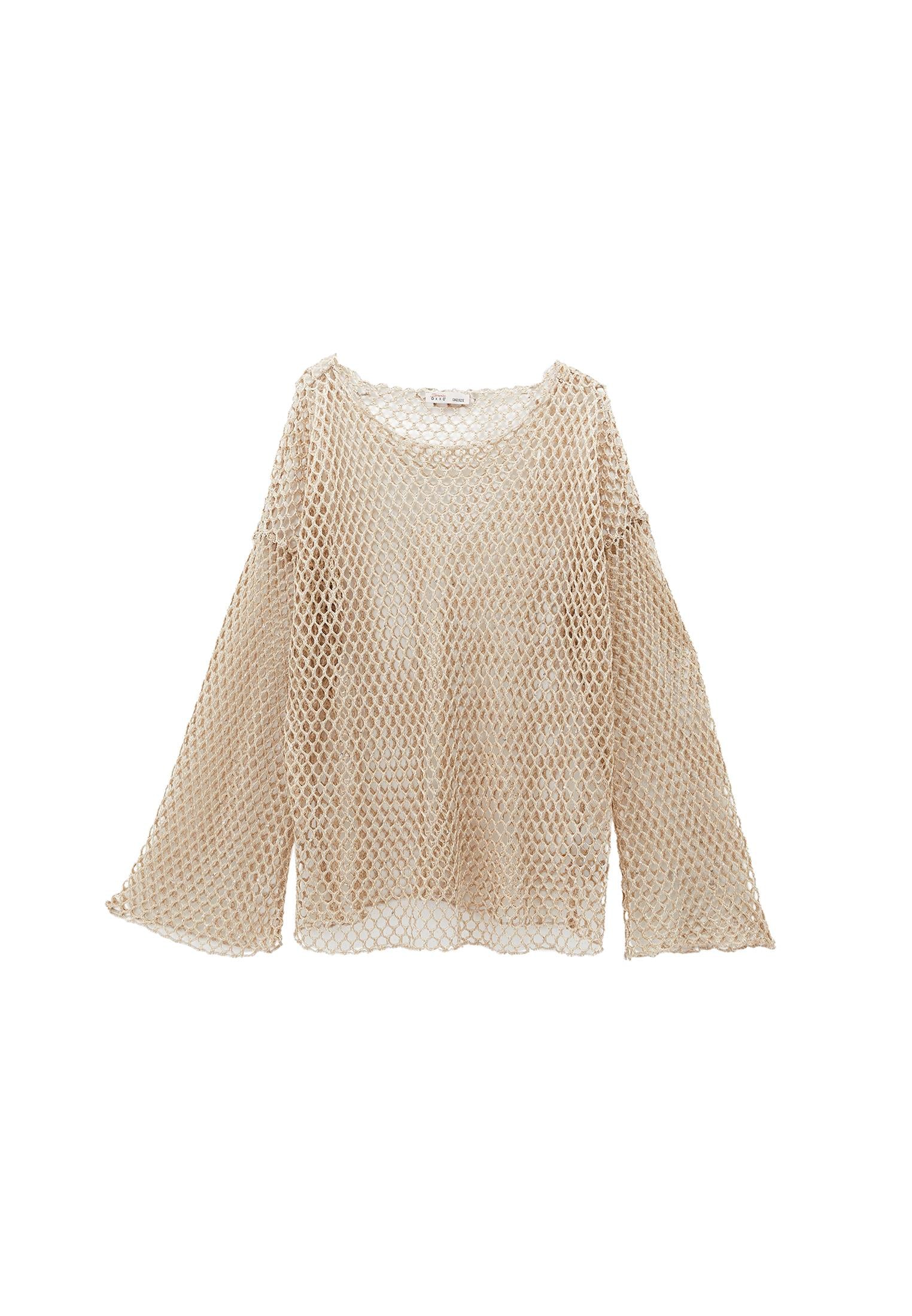 Blouse With Mesh Detailed Long Sleeves - ALMOND MILK