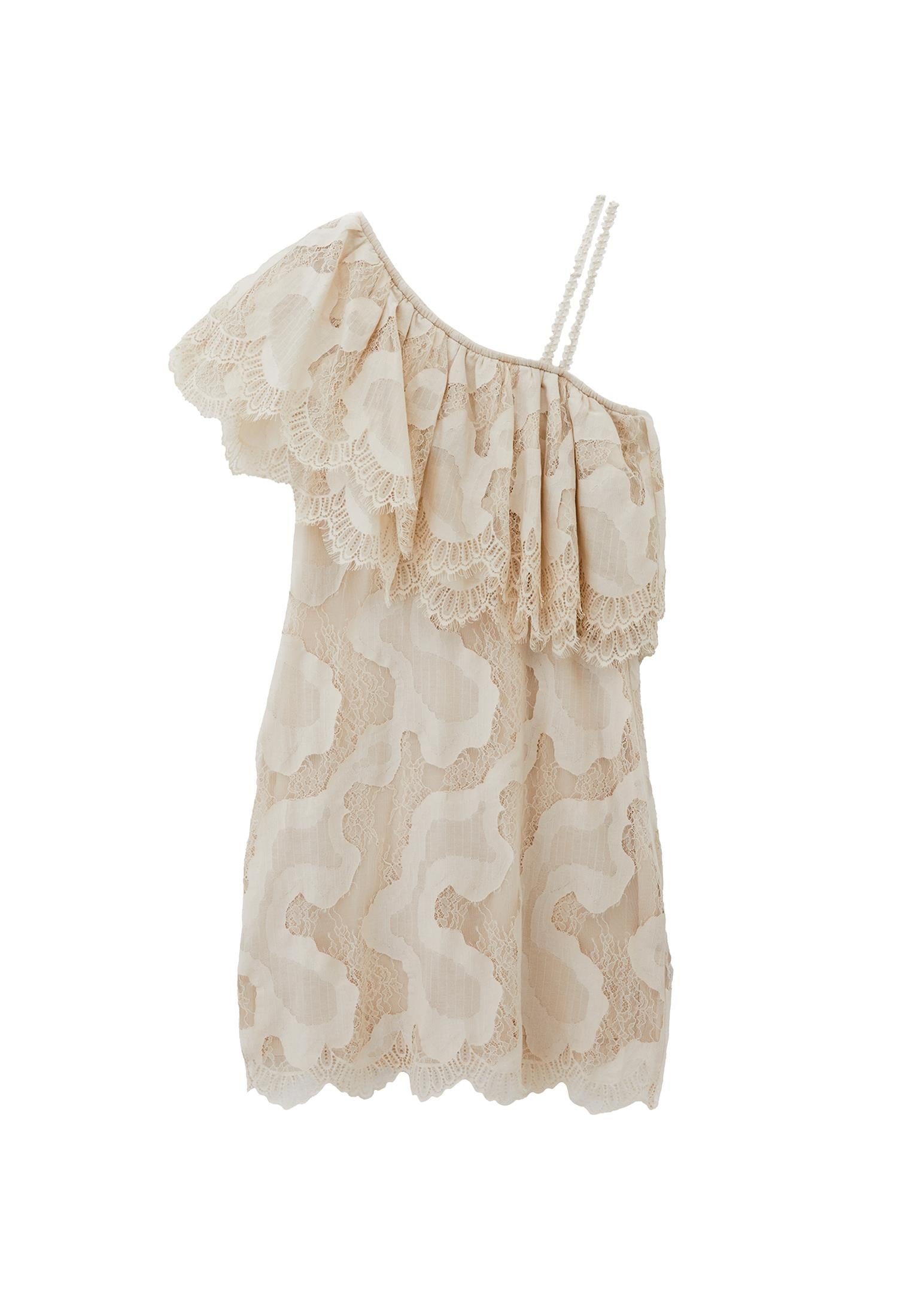 One Shoulder Ruffled Detail Short Dress - ALMOND MILK