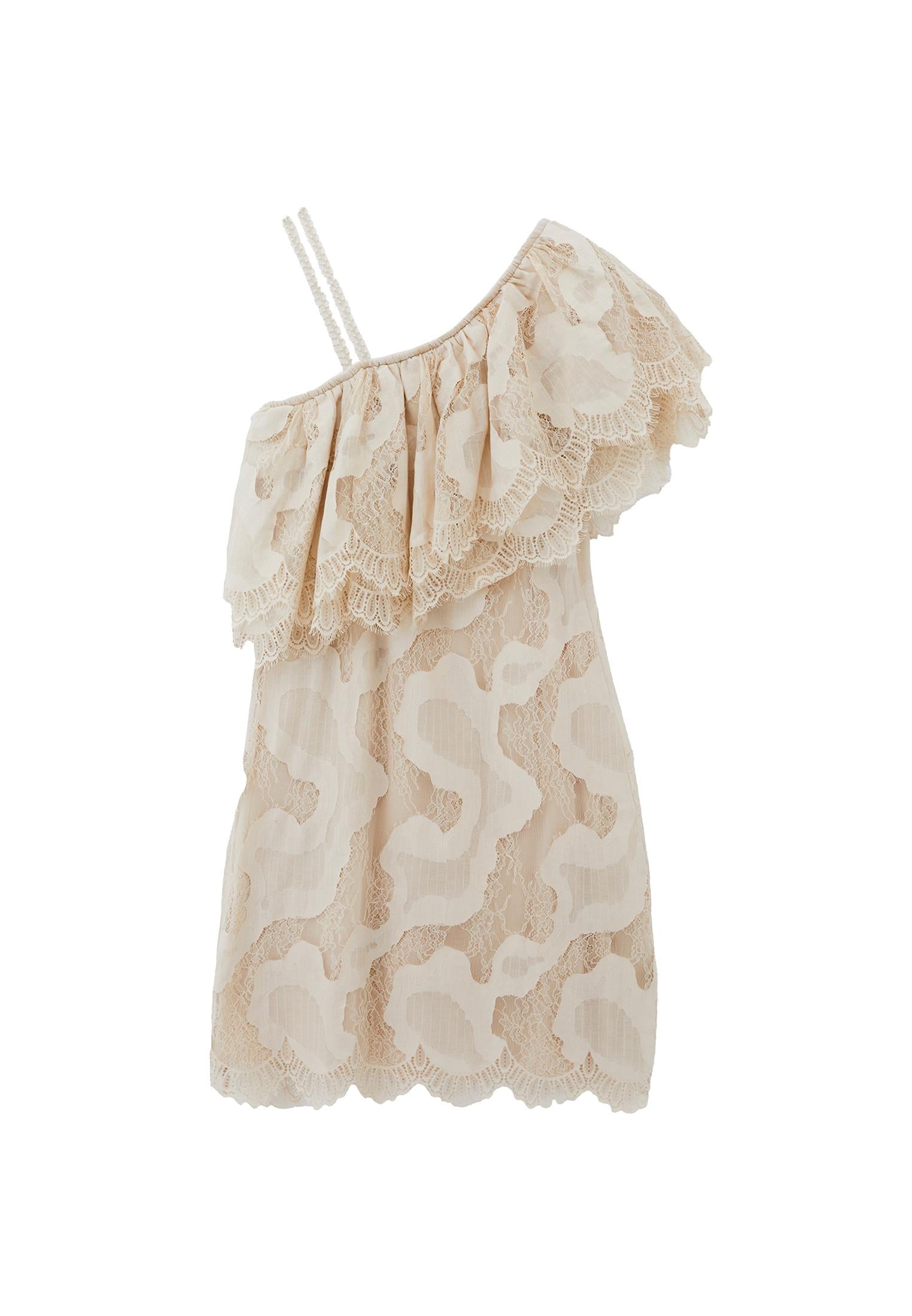 One Shoulder Ruffled Detail Short Dress - ALMOND MILK
