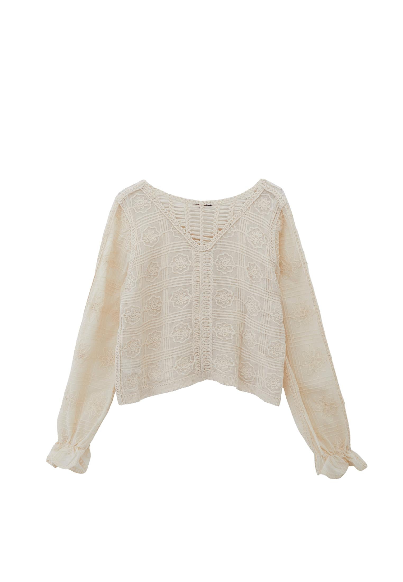 V Neck Embroidered Blouse - ALMOND MILK