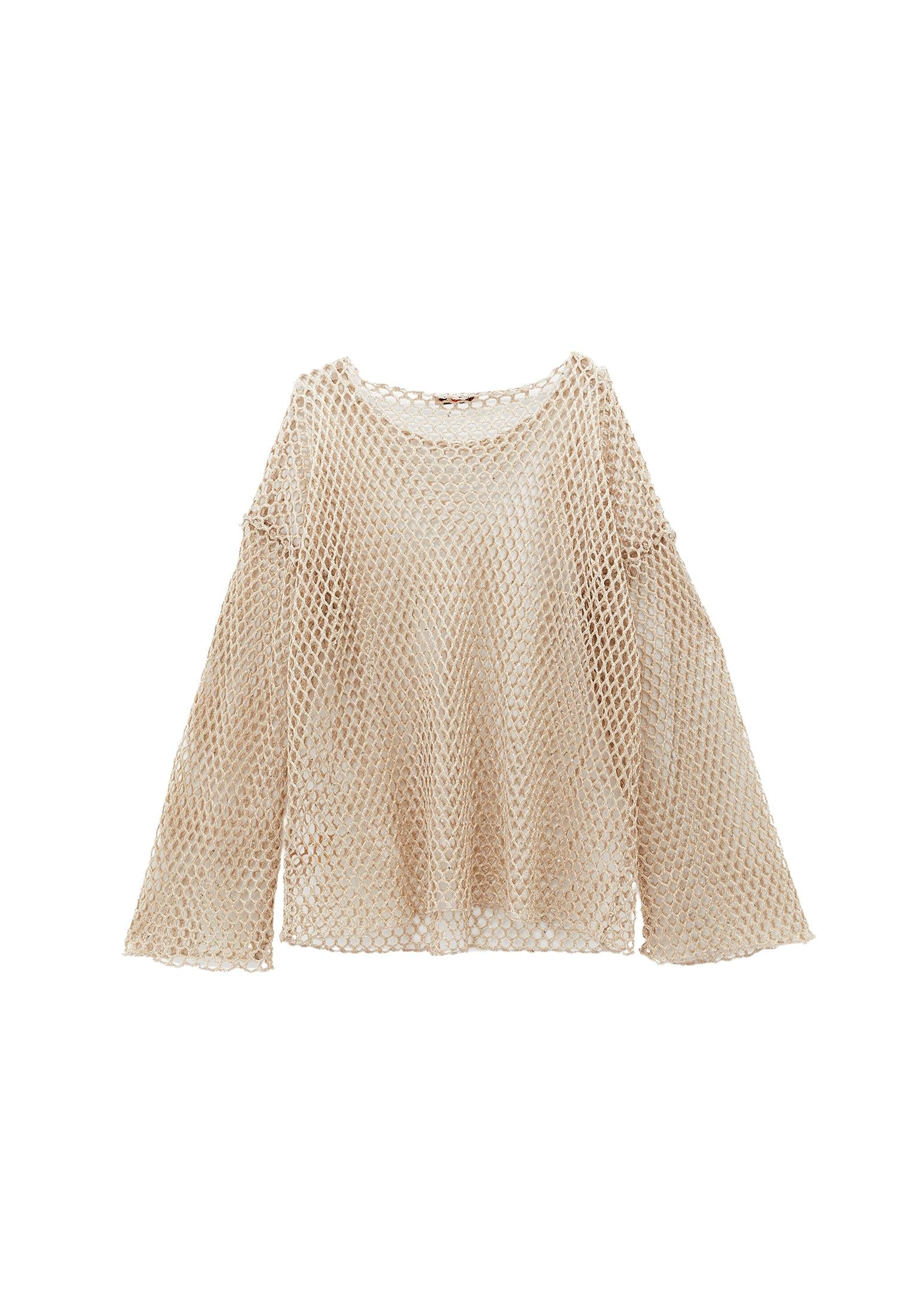 Blouse With Mesh Detailed Long Sleeves - ALMOND MILK