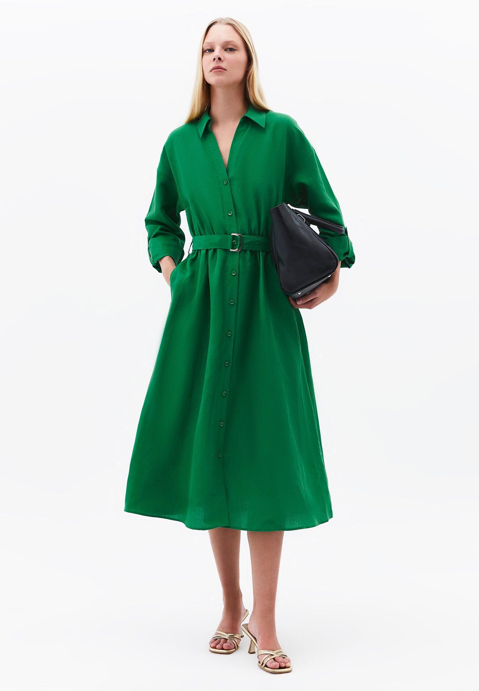 Belt Detailed Long Shirt Collar Dress - AMAZON