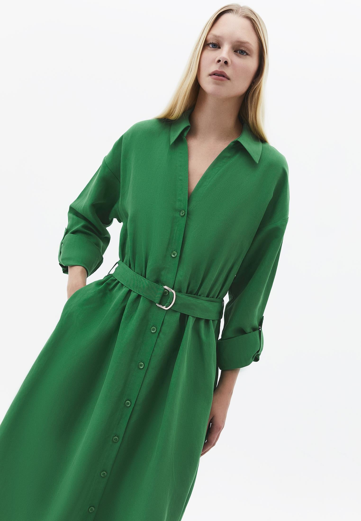 Belt Detailed Long Shirt Collar Dress - AMAZON