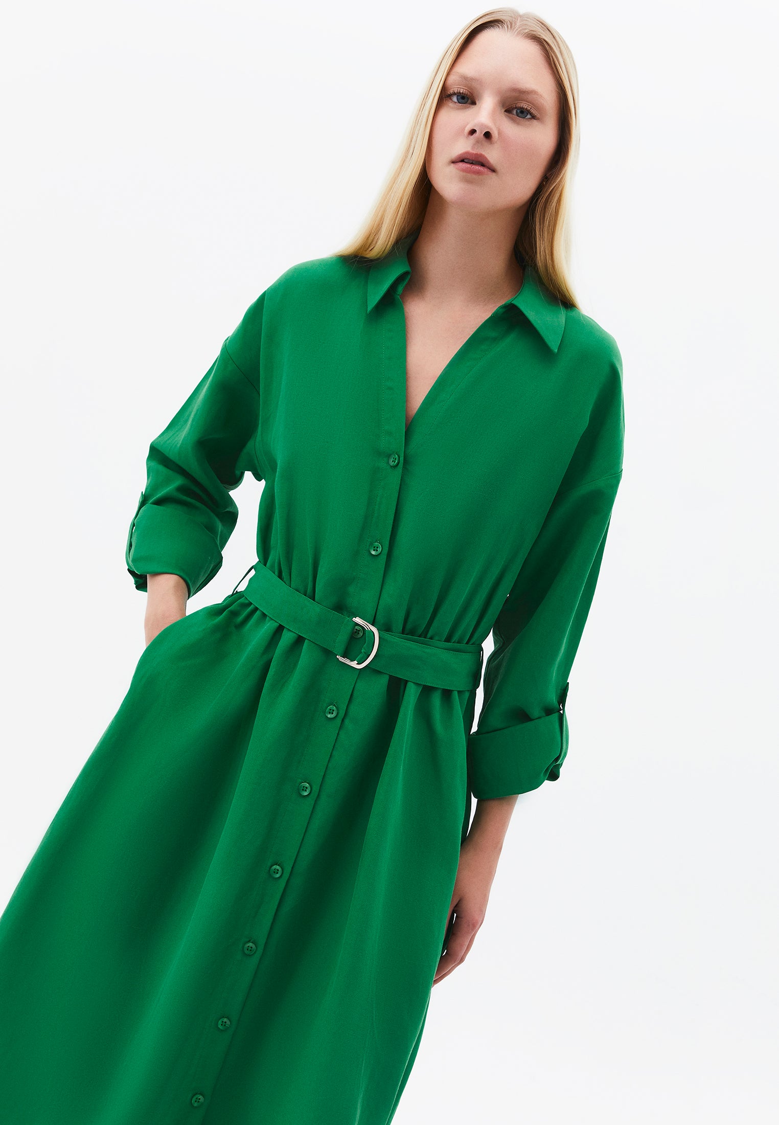 Belt Detailed Long Shirt Collar Dress - AMAZON