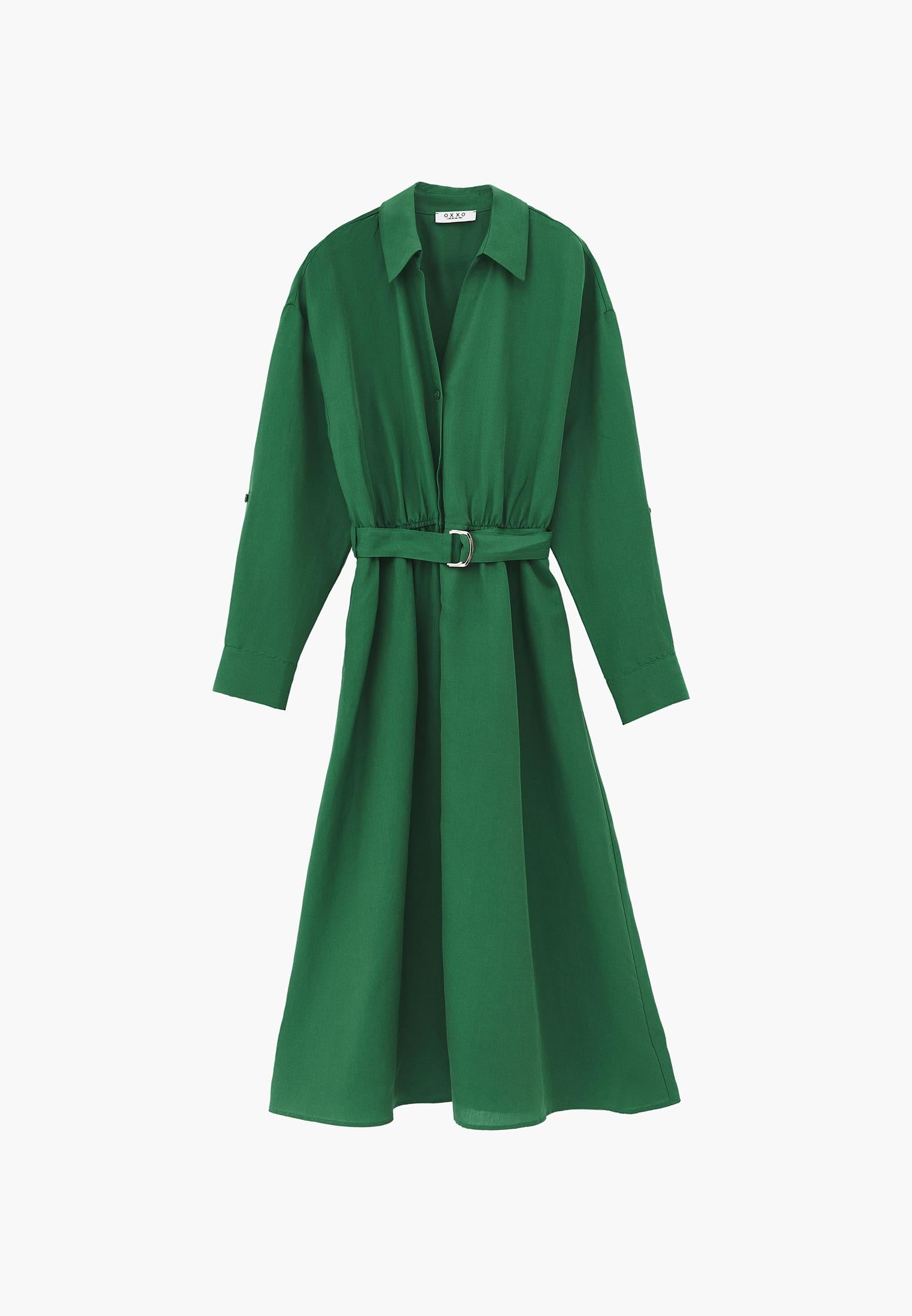 Belt Detailed Long Shirt Collar Dress - AMAZON