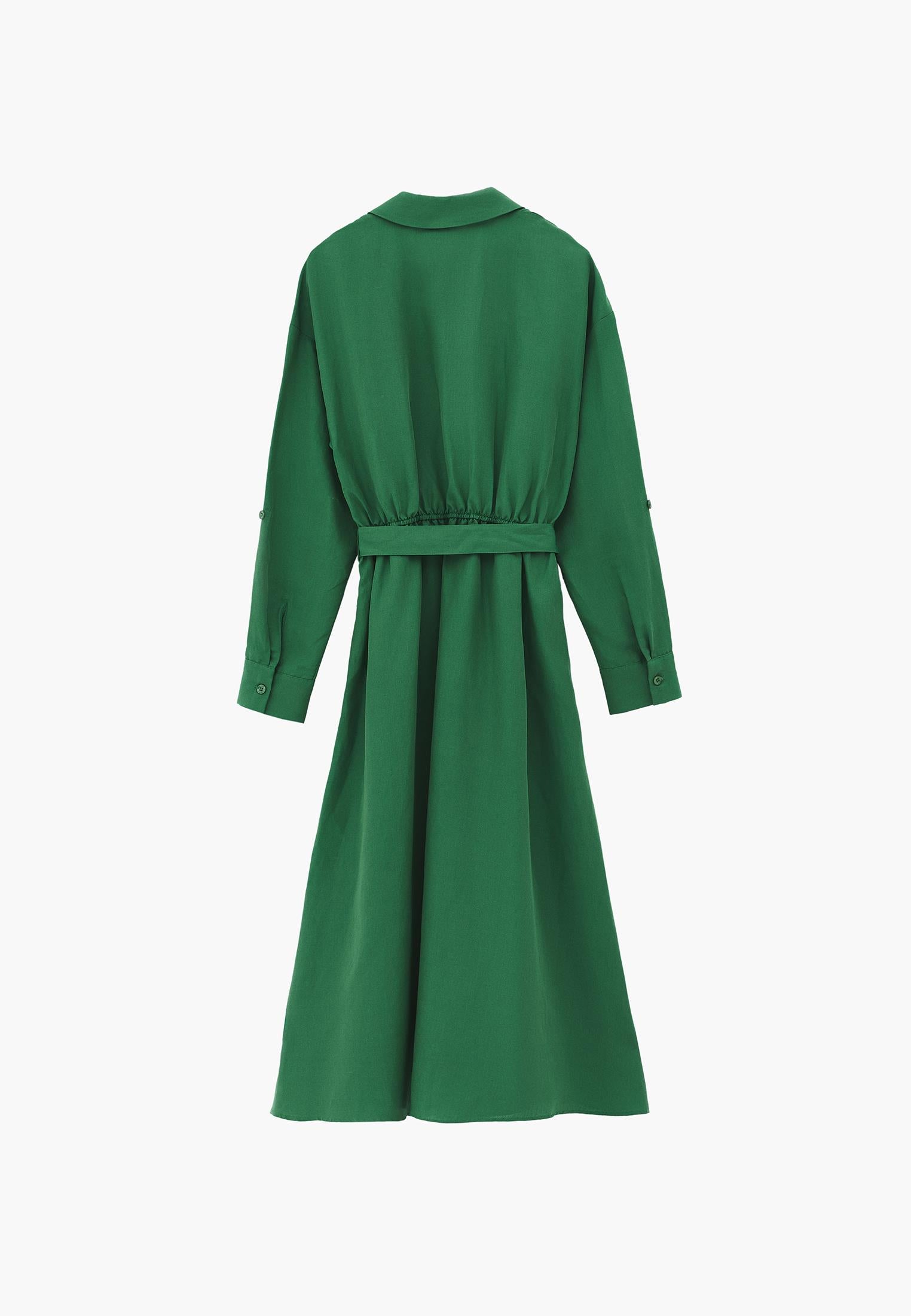 Belt Detailed Long Shirt Collar Dress - AMAZON