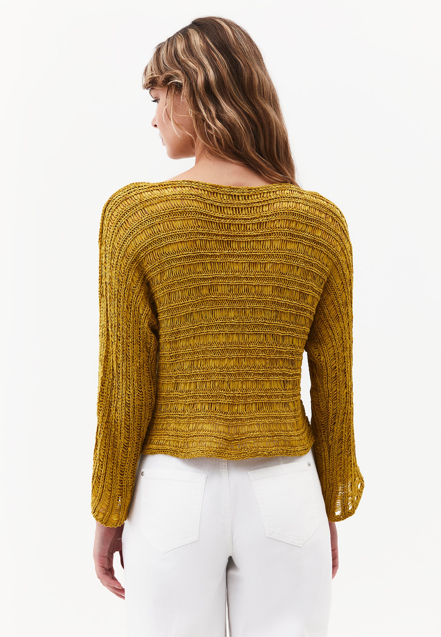 Openwork Boat Neck Long Sleeve Knit Sweater - AMBER GREEN