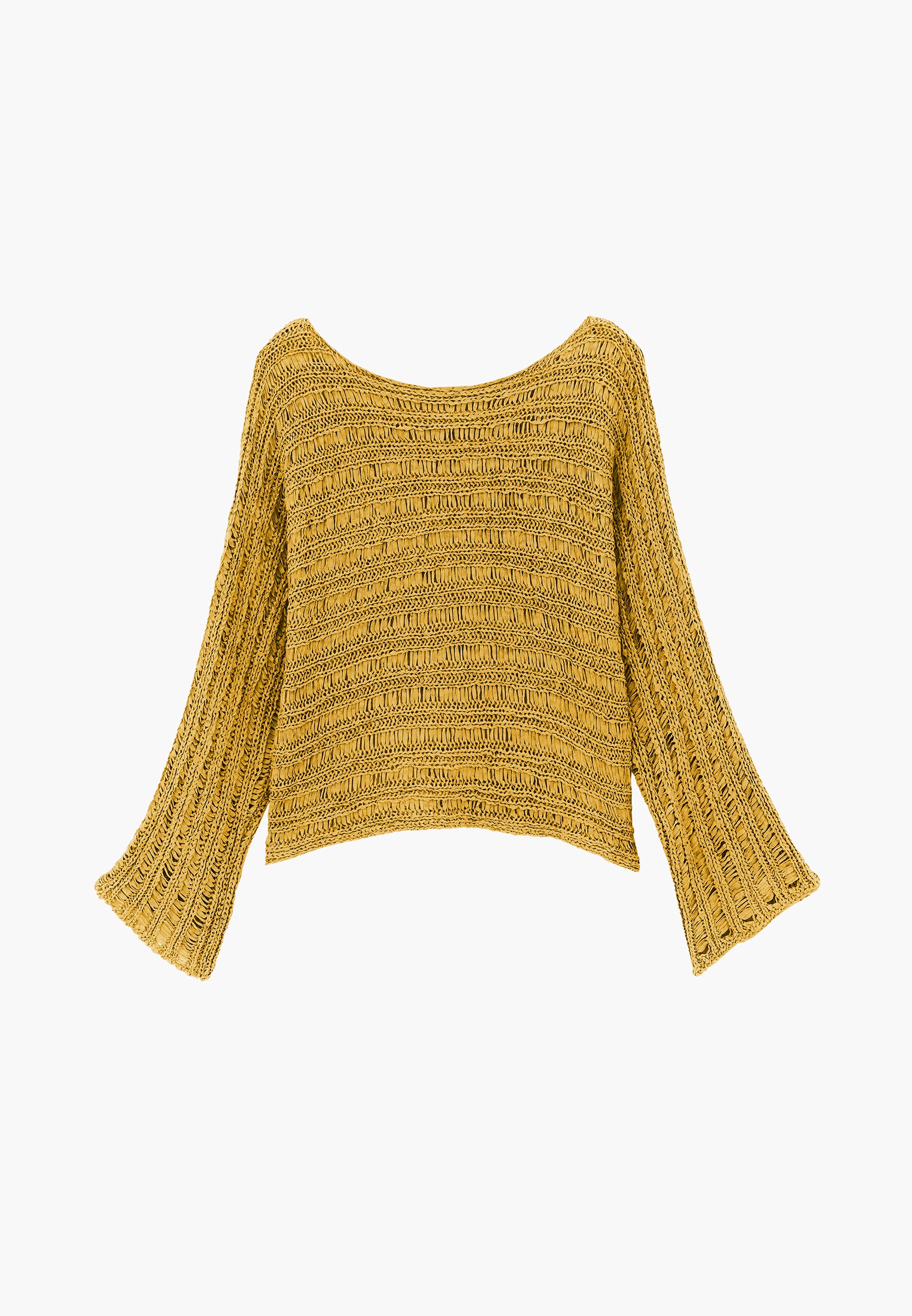 Openwork Boat Neck Long Sleeve Knit Sweater - AMBER GREEN