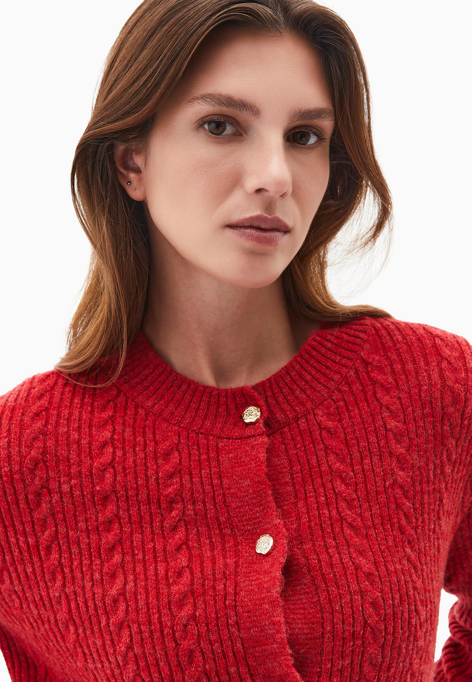 Crew Neck Cardigan With Knit Details - AMERICAN BEAUTY