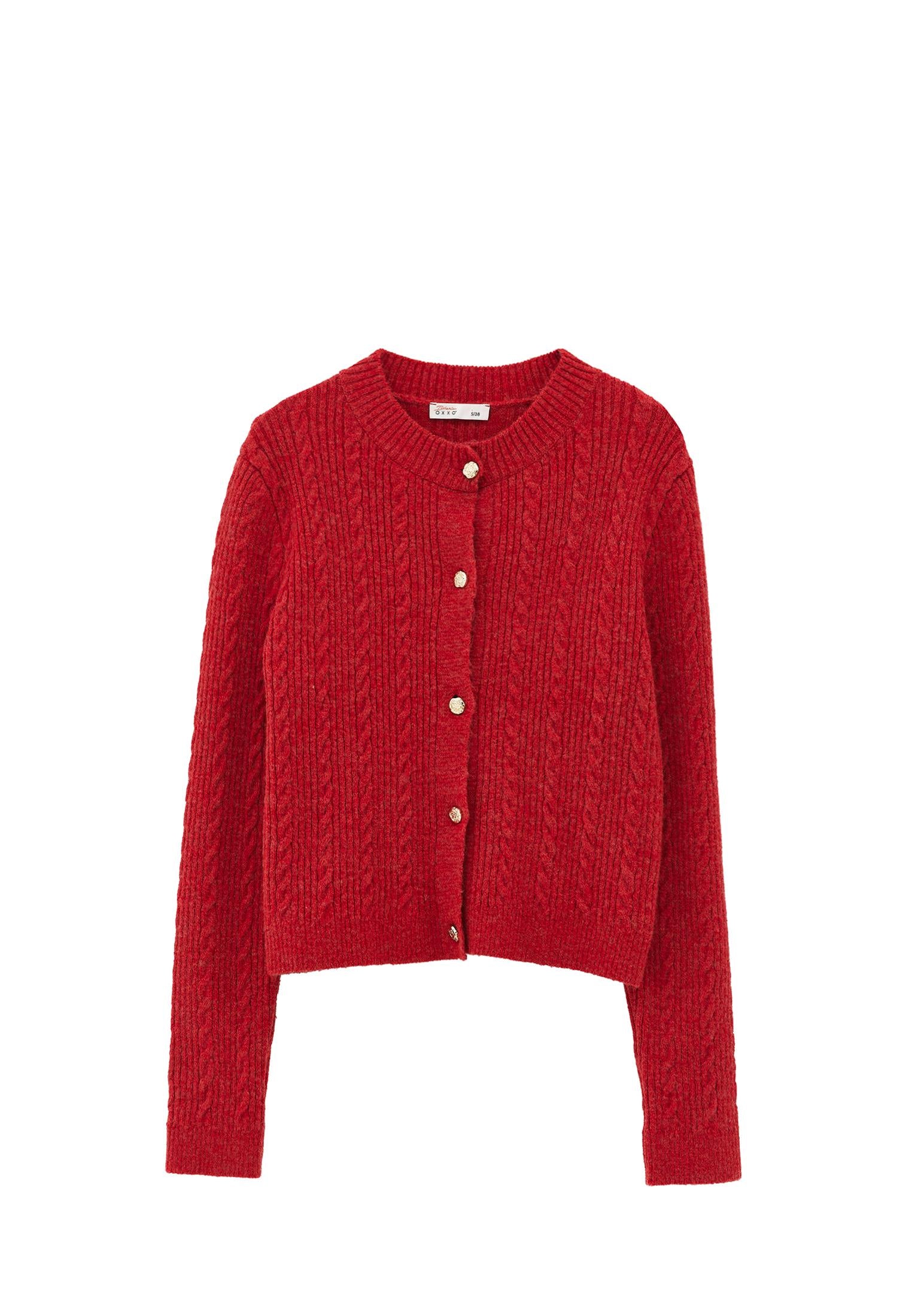 Crew Neck Cardigan With Knit Details - AMERICAN BEAUTY