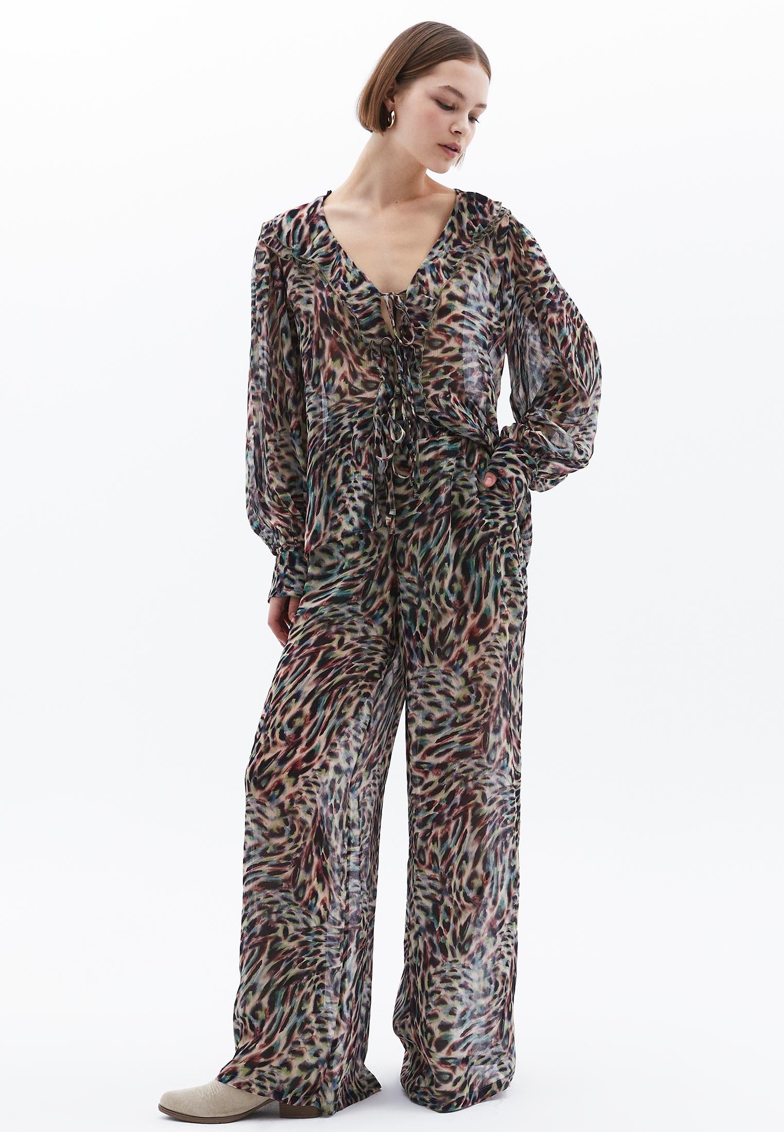 Ruffled Tie V Neck Blouse - ANIMAL COMB