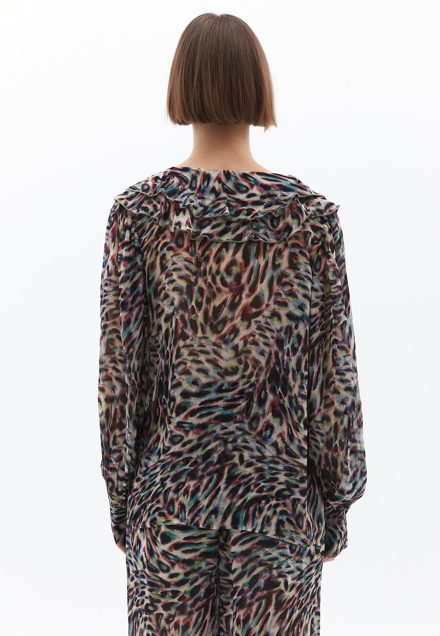 Ruffled Tie V Neck Blouse - ANIMAL COMB