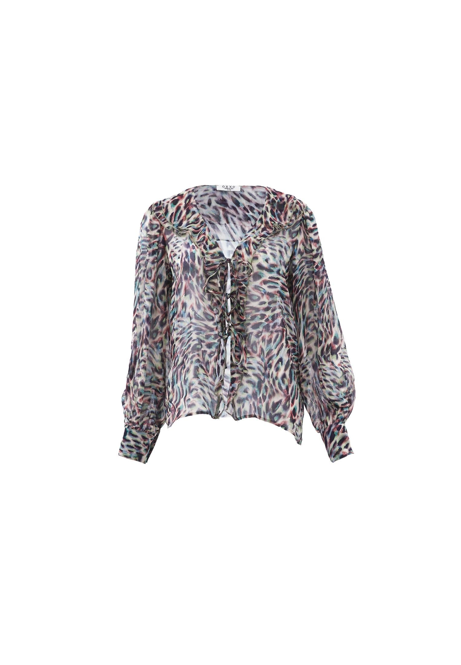 Ruffled Tie V Neck Blouse - ANIMAL COMB