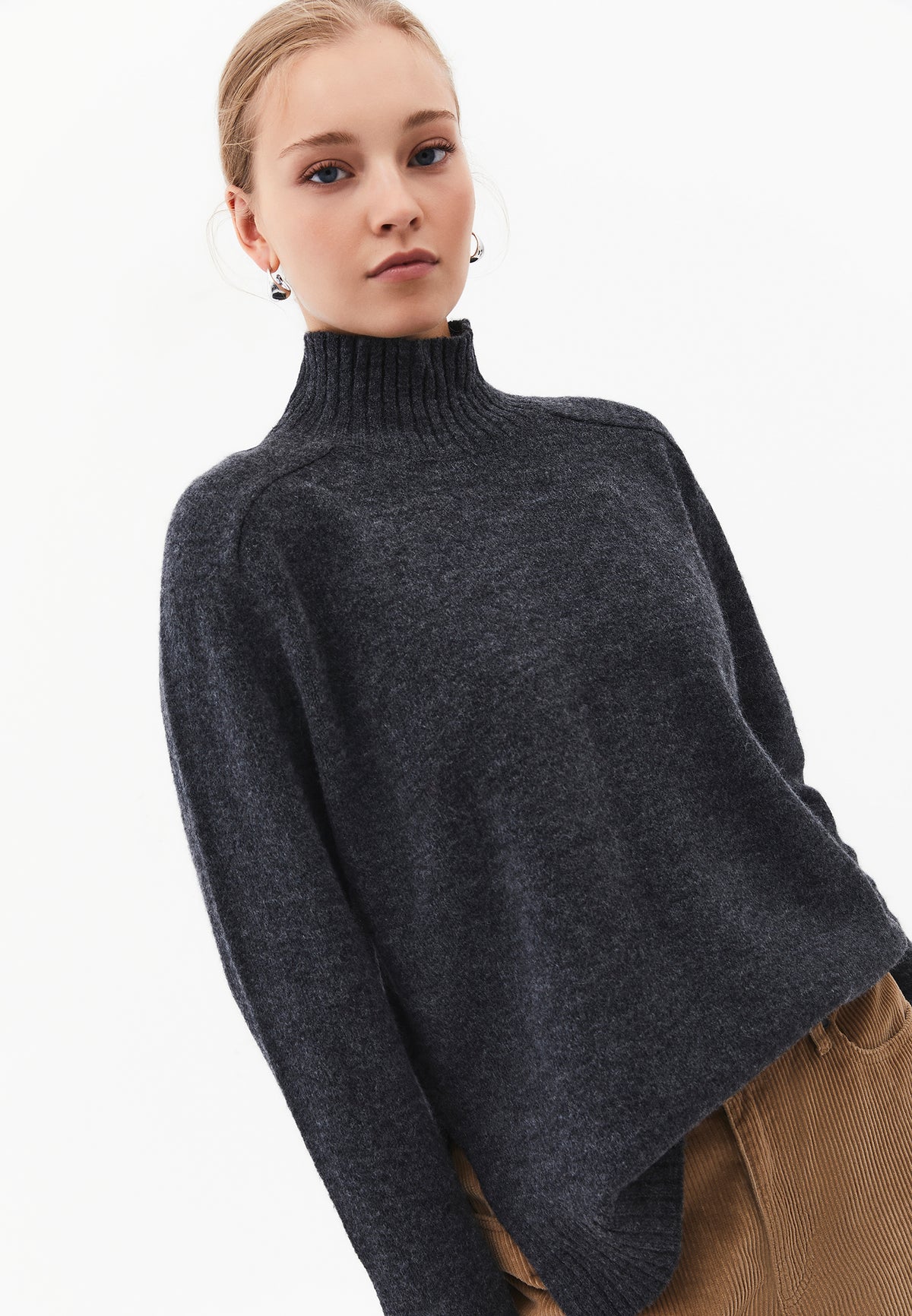 High Neck Sweater With Side Slit Detail - ANTHRA MELANGE