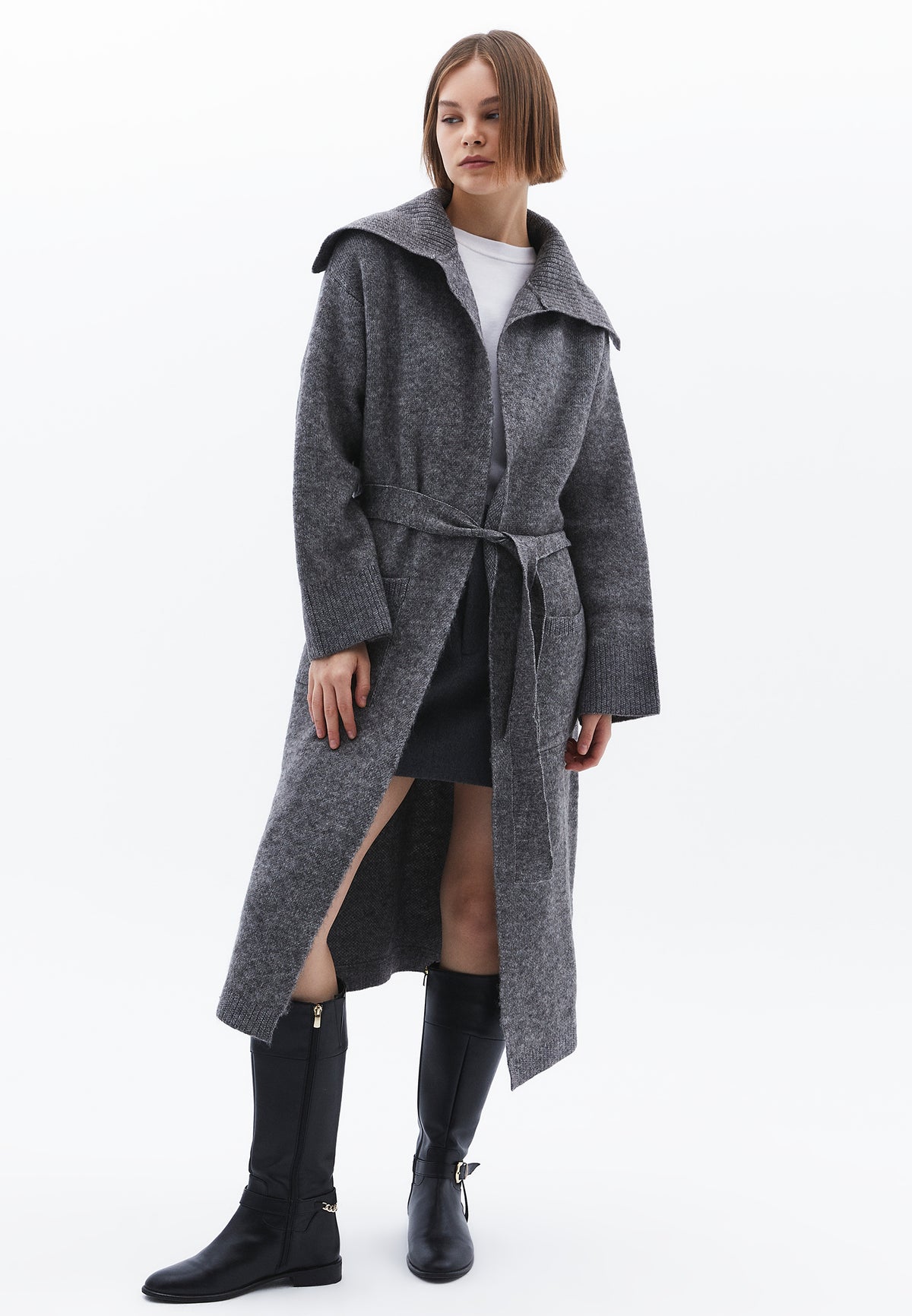 Polo Neck Long Cardigan With Pocket Details - ANTHRA MELANGE