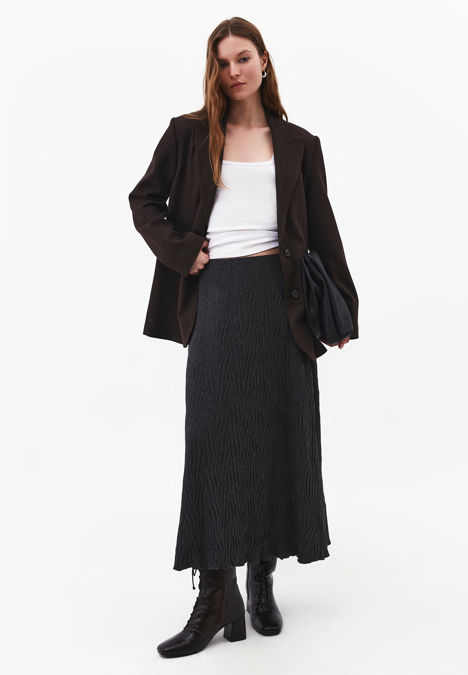 Long Skirt With Pleat Details - ANTHRA MELANGE