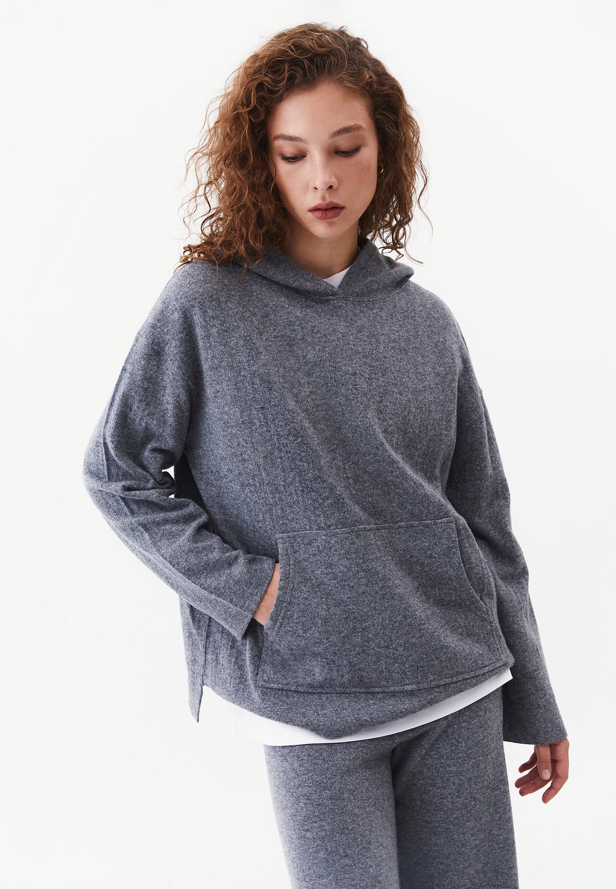 Hooded Long Sleeve Knit Sweatshirt - ANTHRA MELANGE