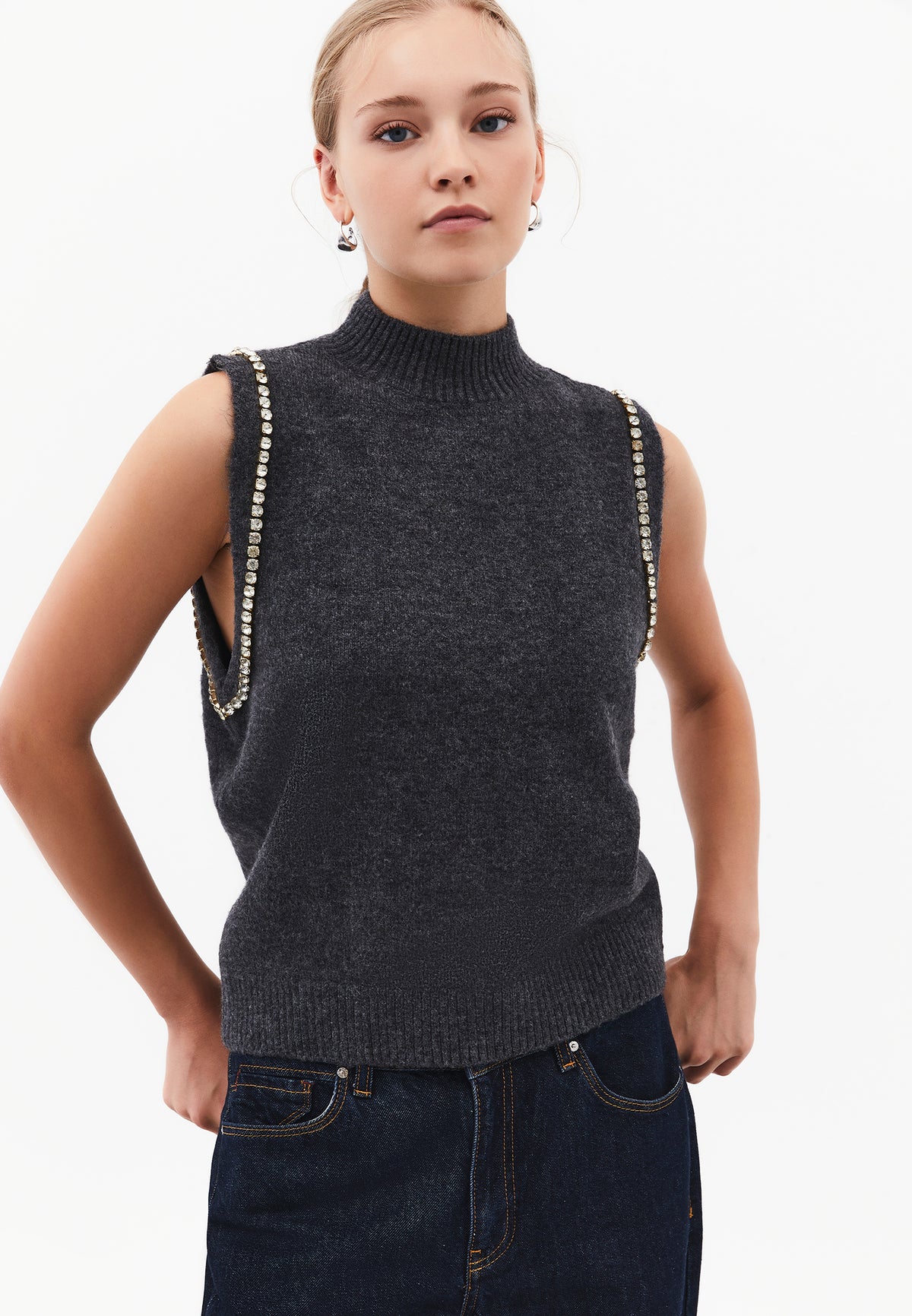 Vest With High Collar And Stone Detail - ANTHRA MELANGE