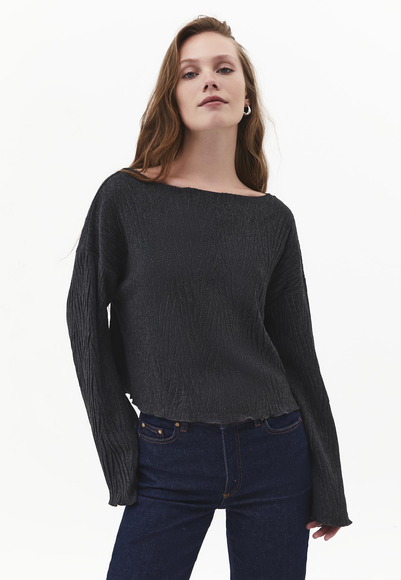 Sweater With Pleat Details - ANTHRA MELANGE