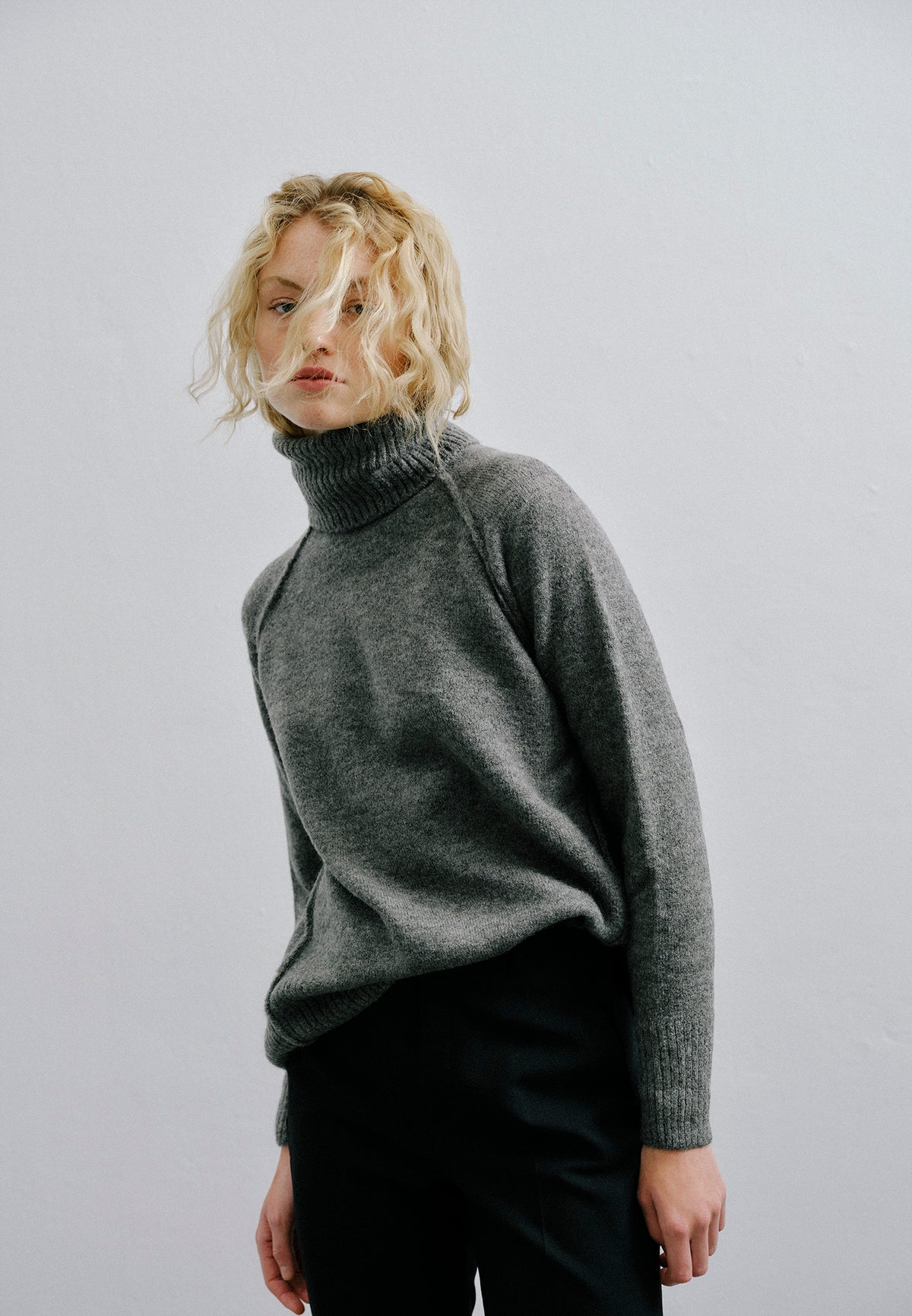Turtleneck Raglan Sleeve Ribbed Knitwear - ANTHRA MELANGE