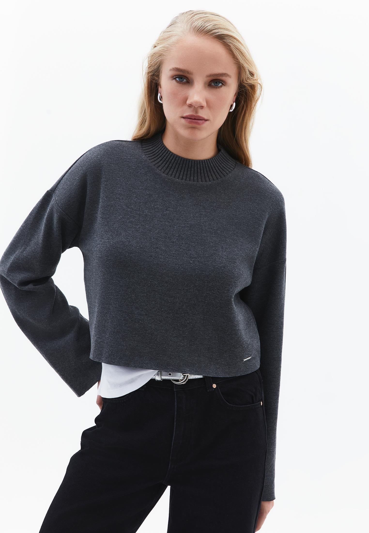 Crop High Neck Long Sleeve Sweater - ANTHRA MELANGE