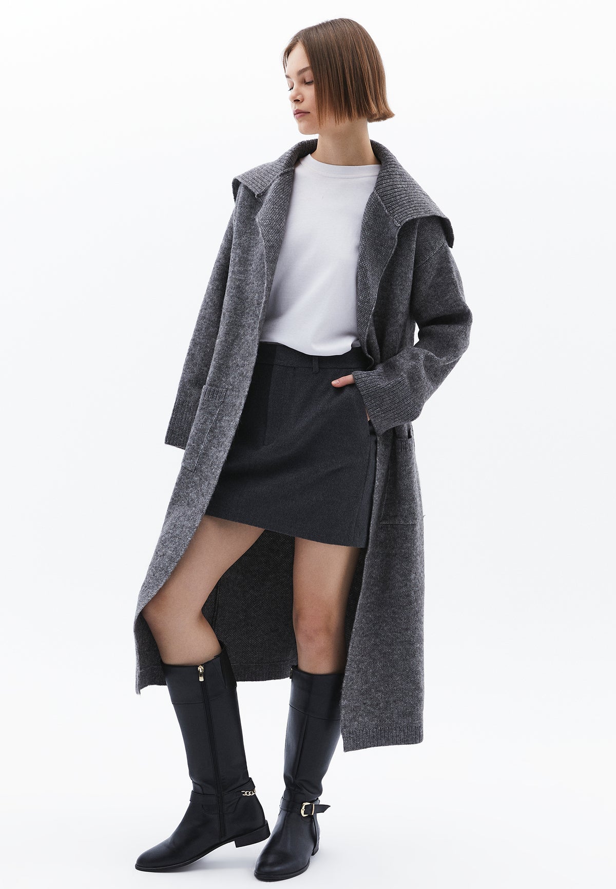 Polo Neck Long Cardigan With Pocket Details - ANTHRA MELANGE