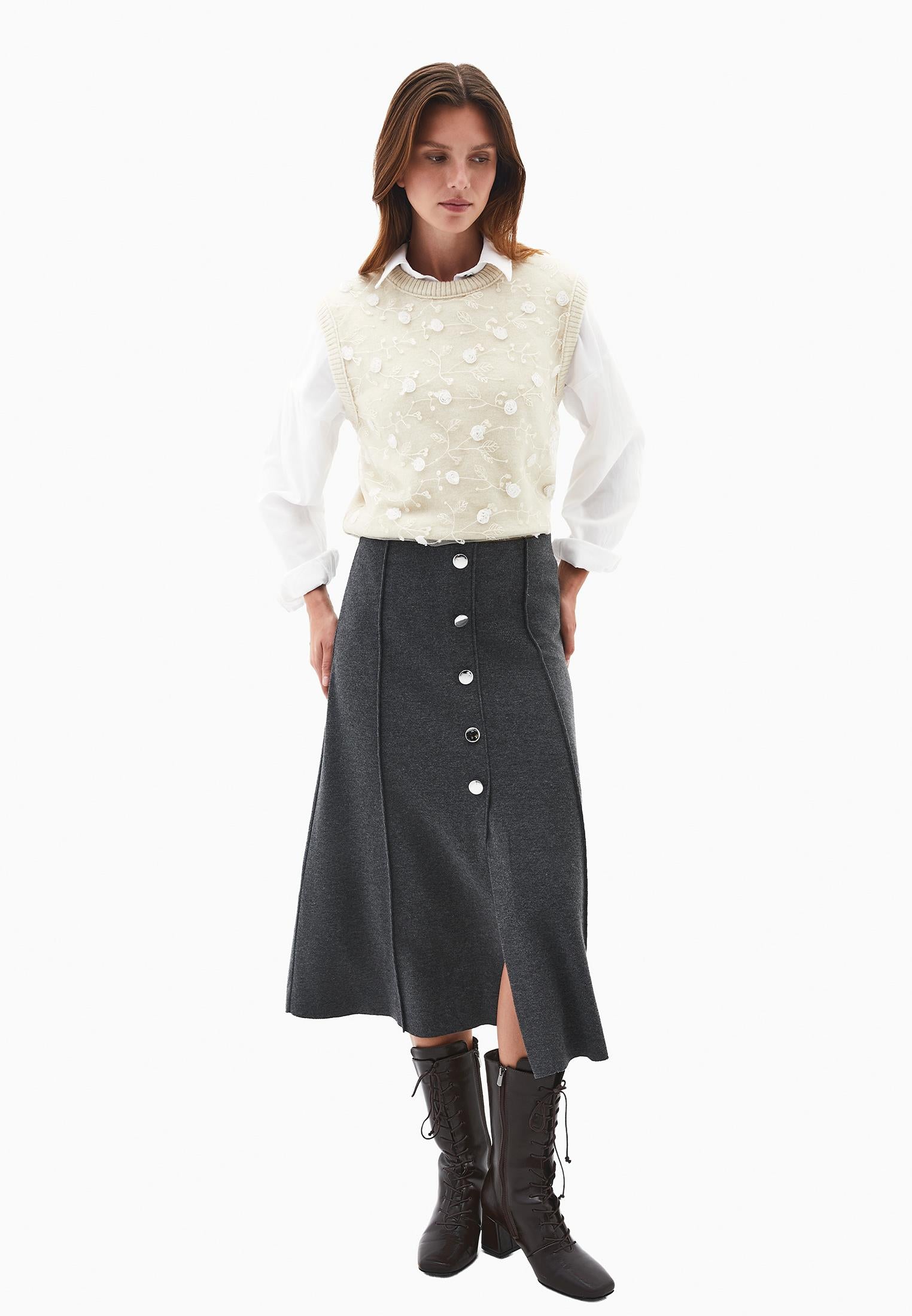 Mid Waist Flared Midi Skirt - ANTHRA MELANGE