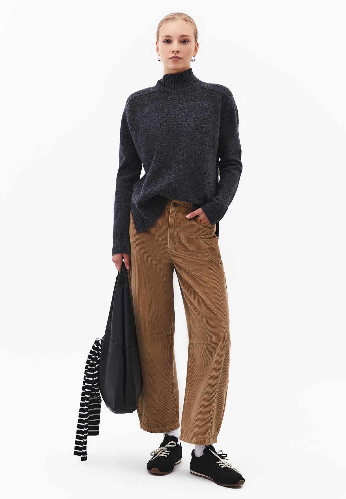 High Neck Sweater With Side Slit Detail - ANTHRA MELANGE