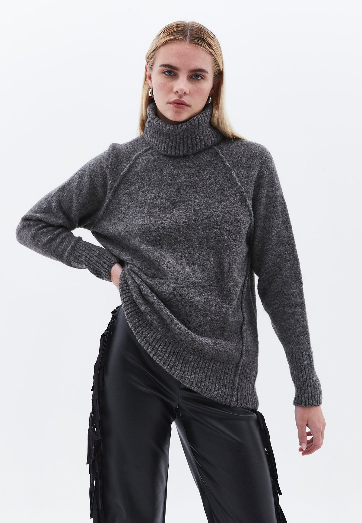 Turtleneck Raglan Sleeve Ribbed Knitwear - ANTHRA MELANGE