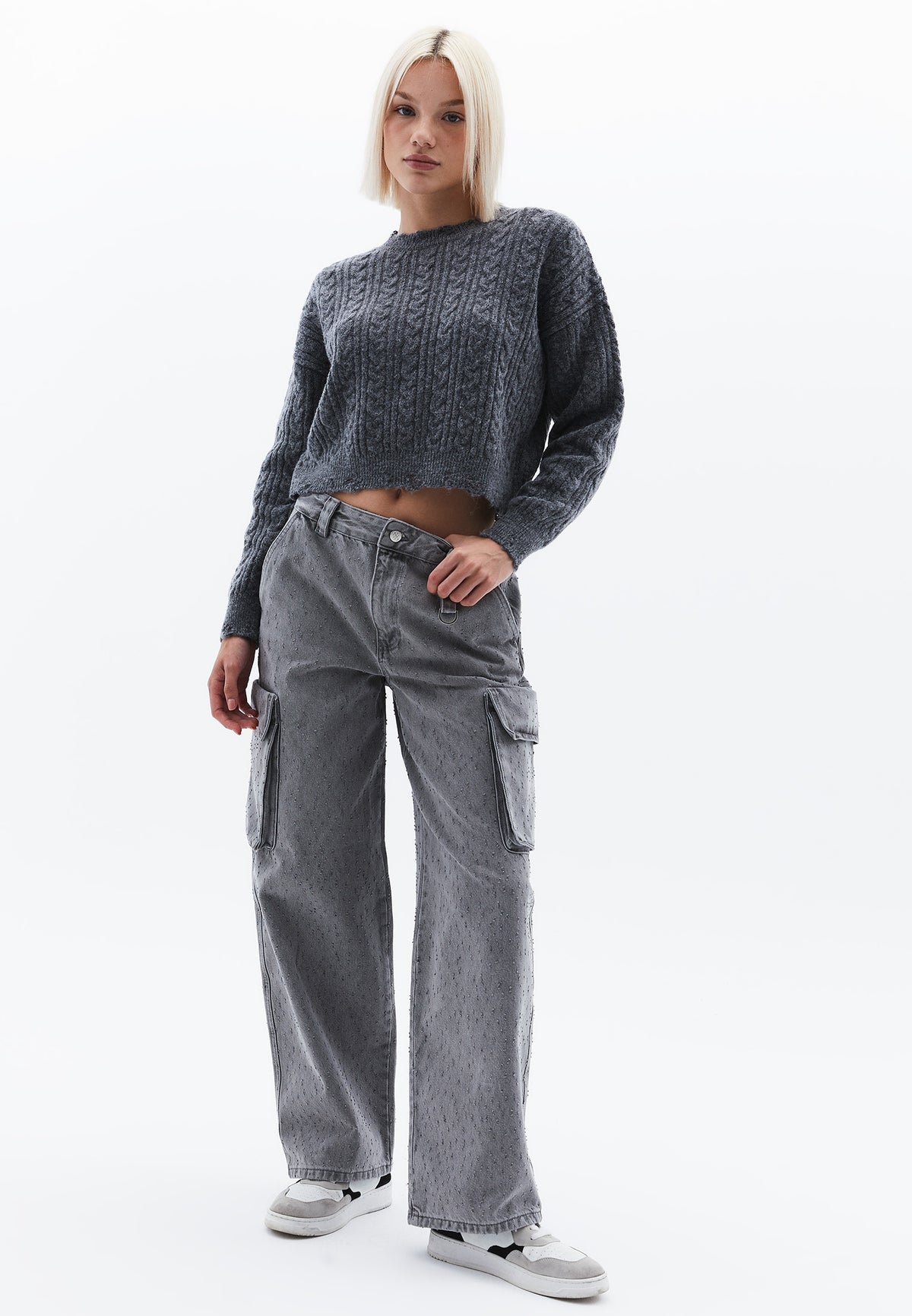 Sweater With Knitted Details And Crew Neck - ANTHRA MELANGE
