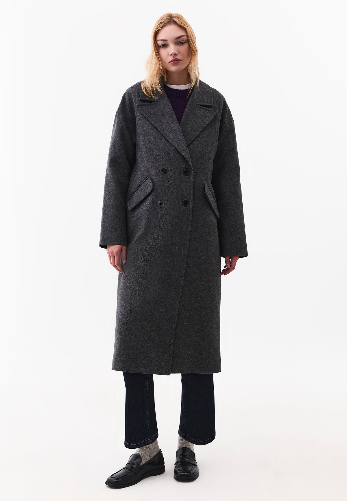 Long Double Breasted Pocket Detail Coat - ANTHRA MELANGE