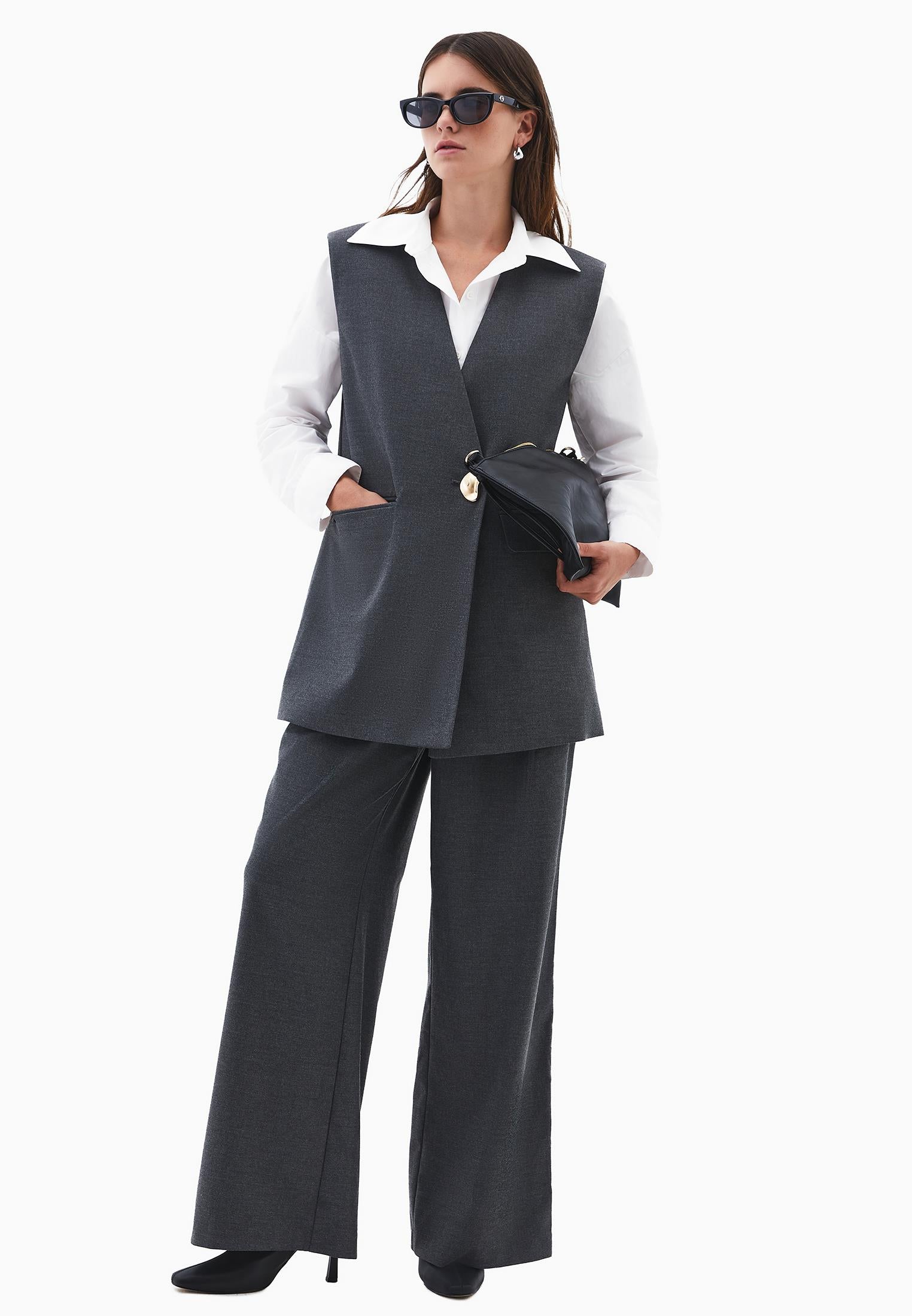 V Neck Button Detailed Oversize Vest - ANTHRA MELANGE