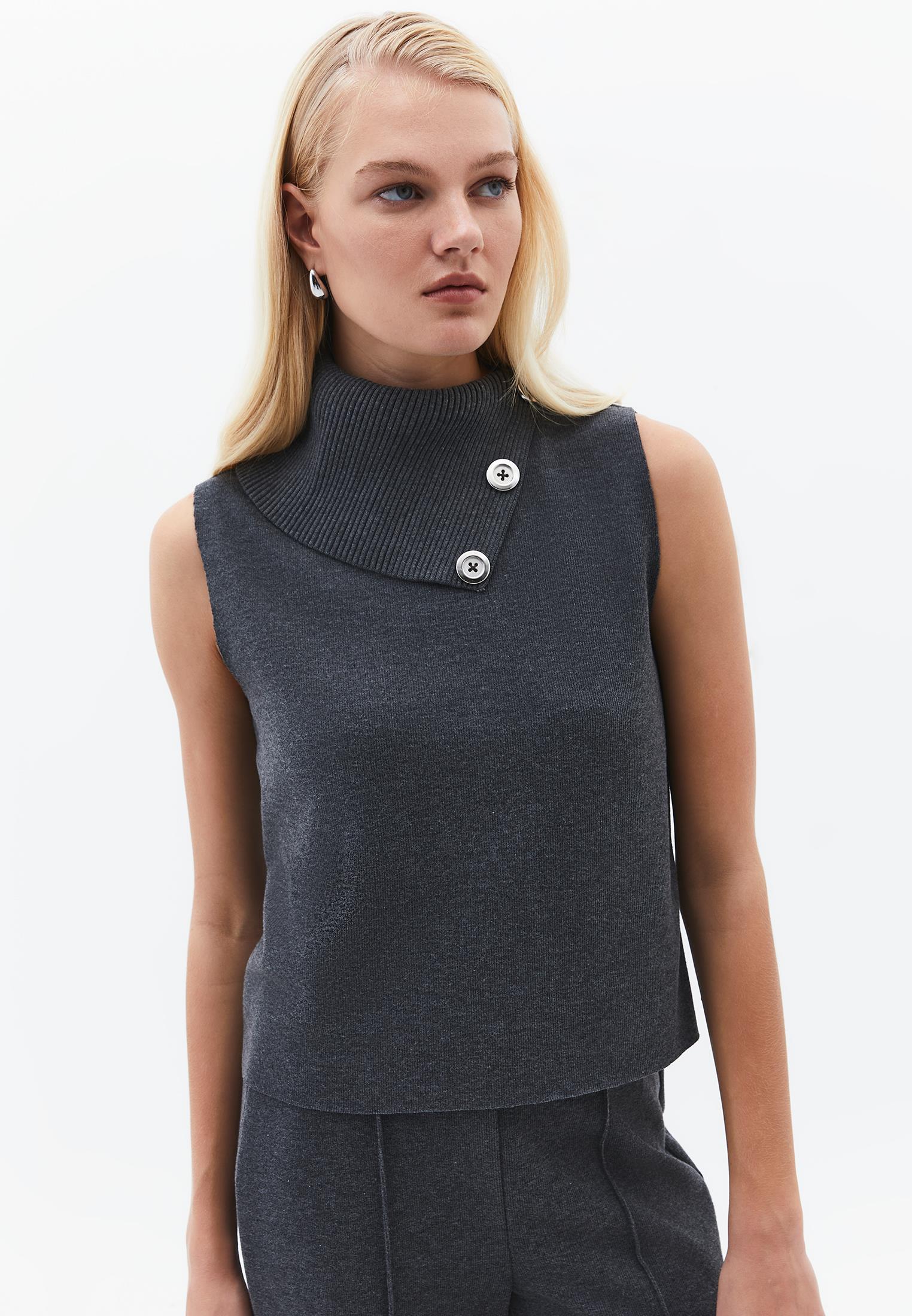 Standard Vest With High Collar And Button Details - ANTHRA MELANGE