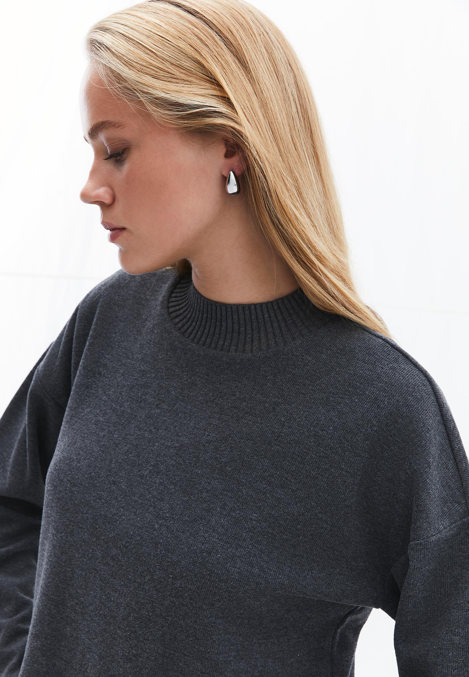 Crop High Neck Long Sleeve Sweater - ANTHRA MELANGE
