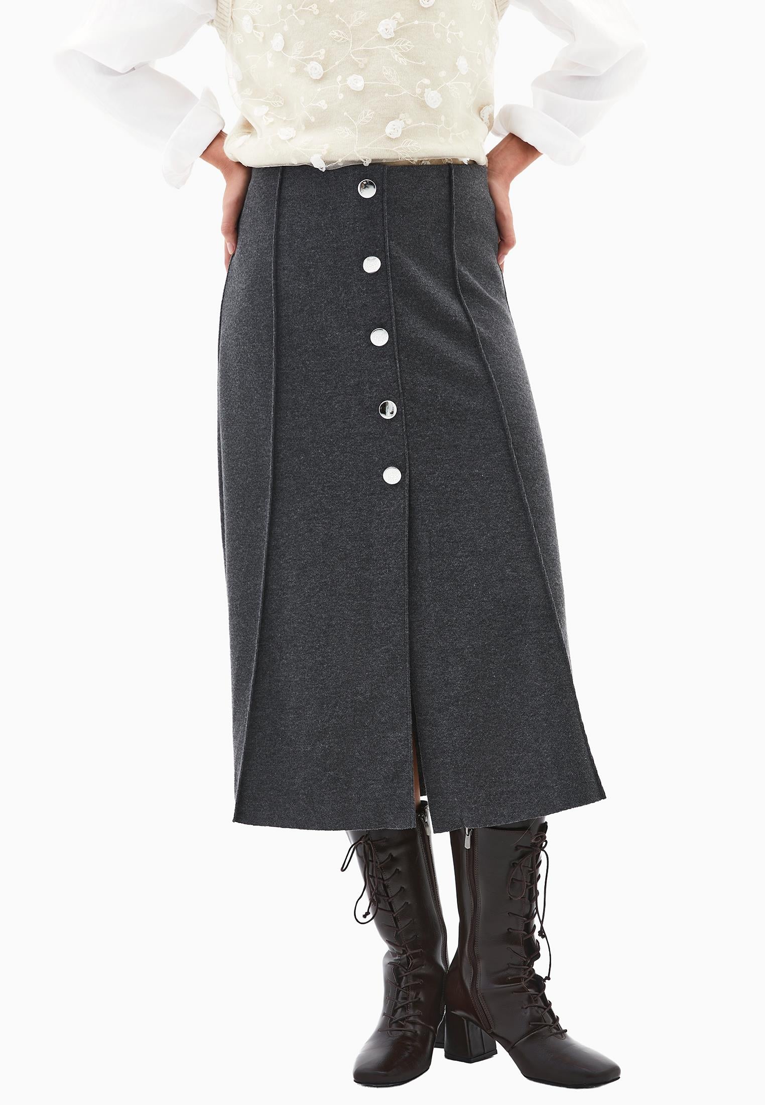 Mid Waist Flared Midi Skirt - ANTHRA MELANGE