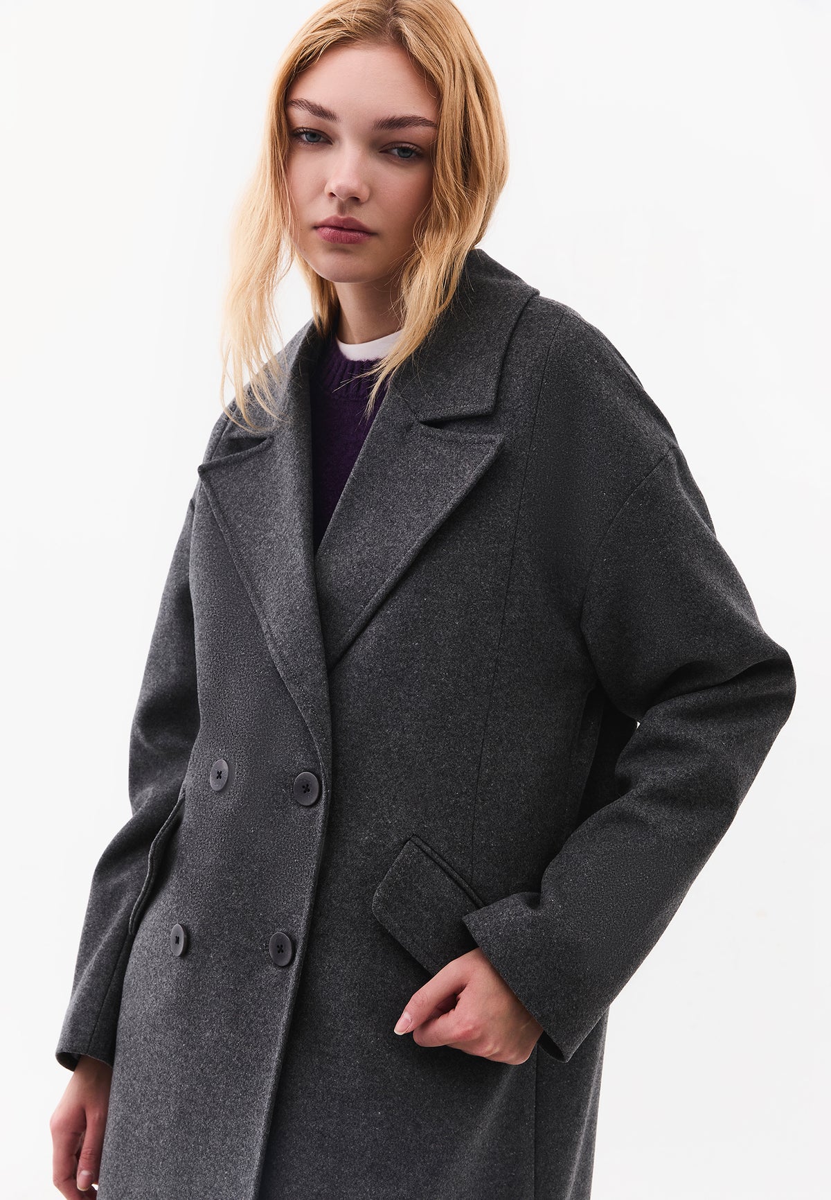 Long Double Breasted Pocket Detail Coat - ANTHRA MELANGE